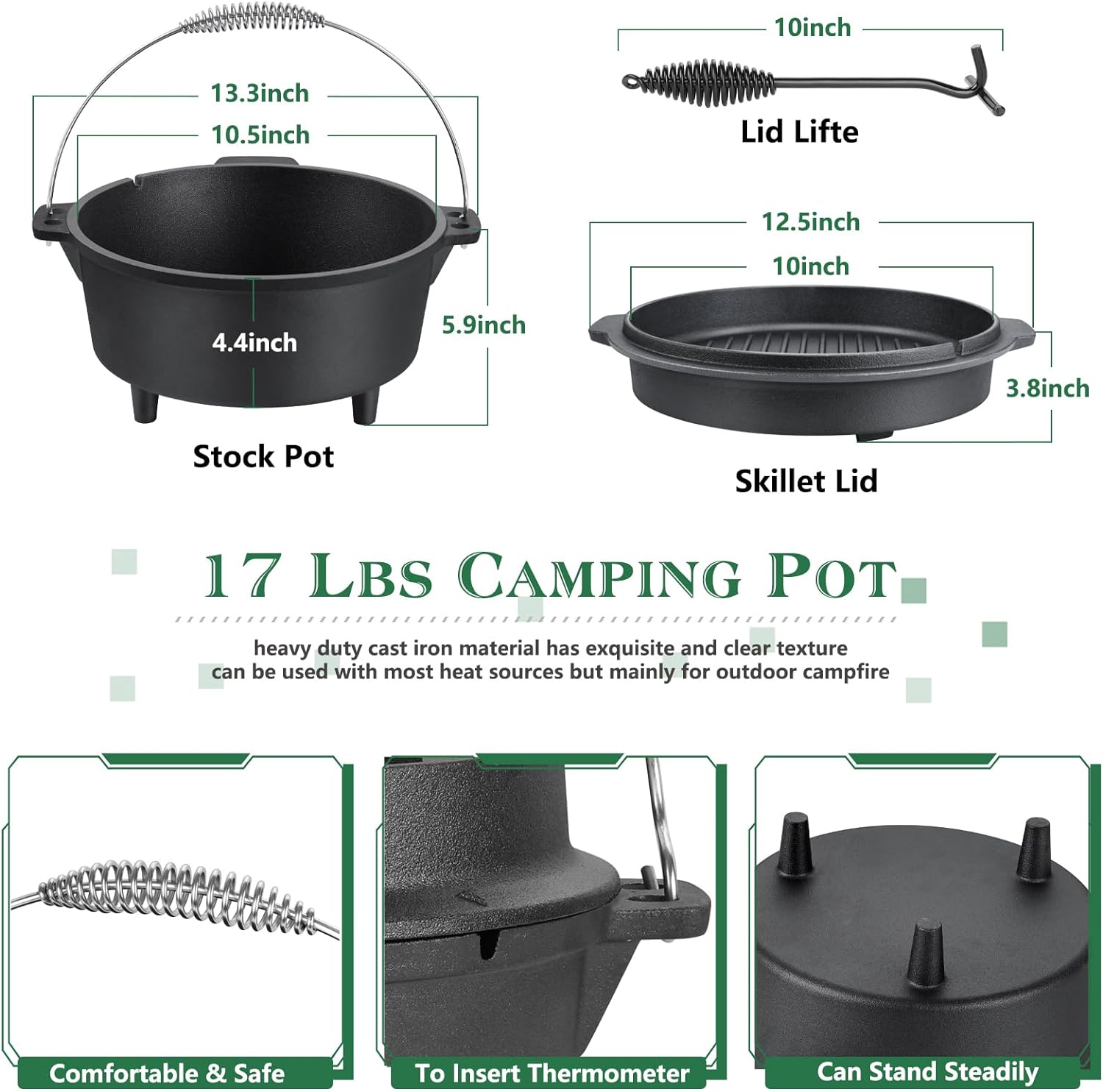 HaSteeL – Horno holandés de hierro fundido de 5 cuartos de galón, olla de campamento presazonada y levantador de tapa, olla profunda grande y