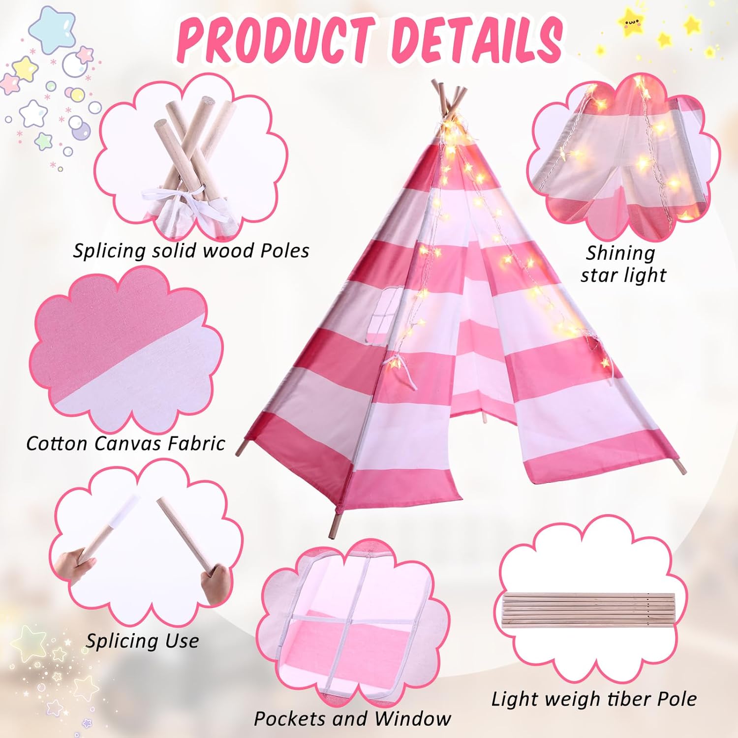 Juego de 4 tiendas de campaña para niños con cadena de luz de estrella de 20 pies, tienda de campaña plegable de tela de algodón para niños, regalo