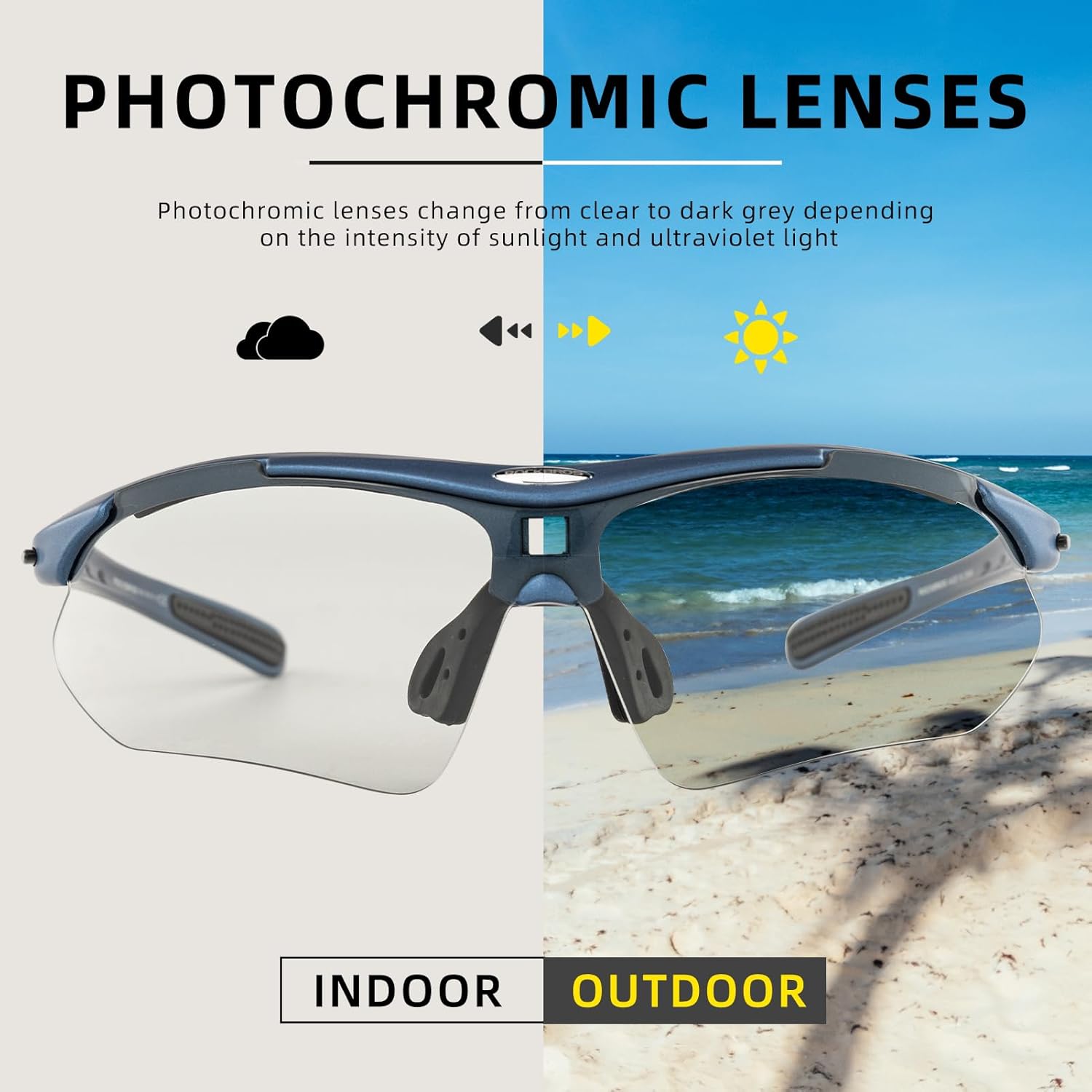 ROCKBROS Gafas de sol deportivas fotocromáticas para hombre, gafas de sol de ciclismo MTB, con banda elástica extraíble