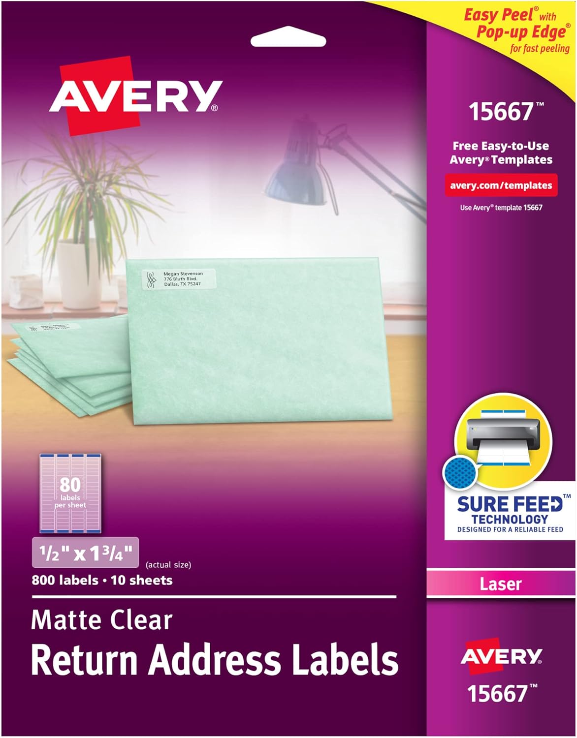 Avery Etiquetas de dirección de retorno transparentes mate, tecnología Sure Feed, láser, 12″ x 1-34″, 800 etiquetas, 5 paquetes (15667)