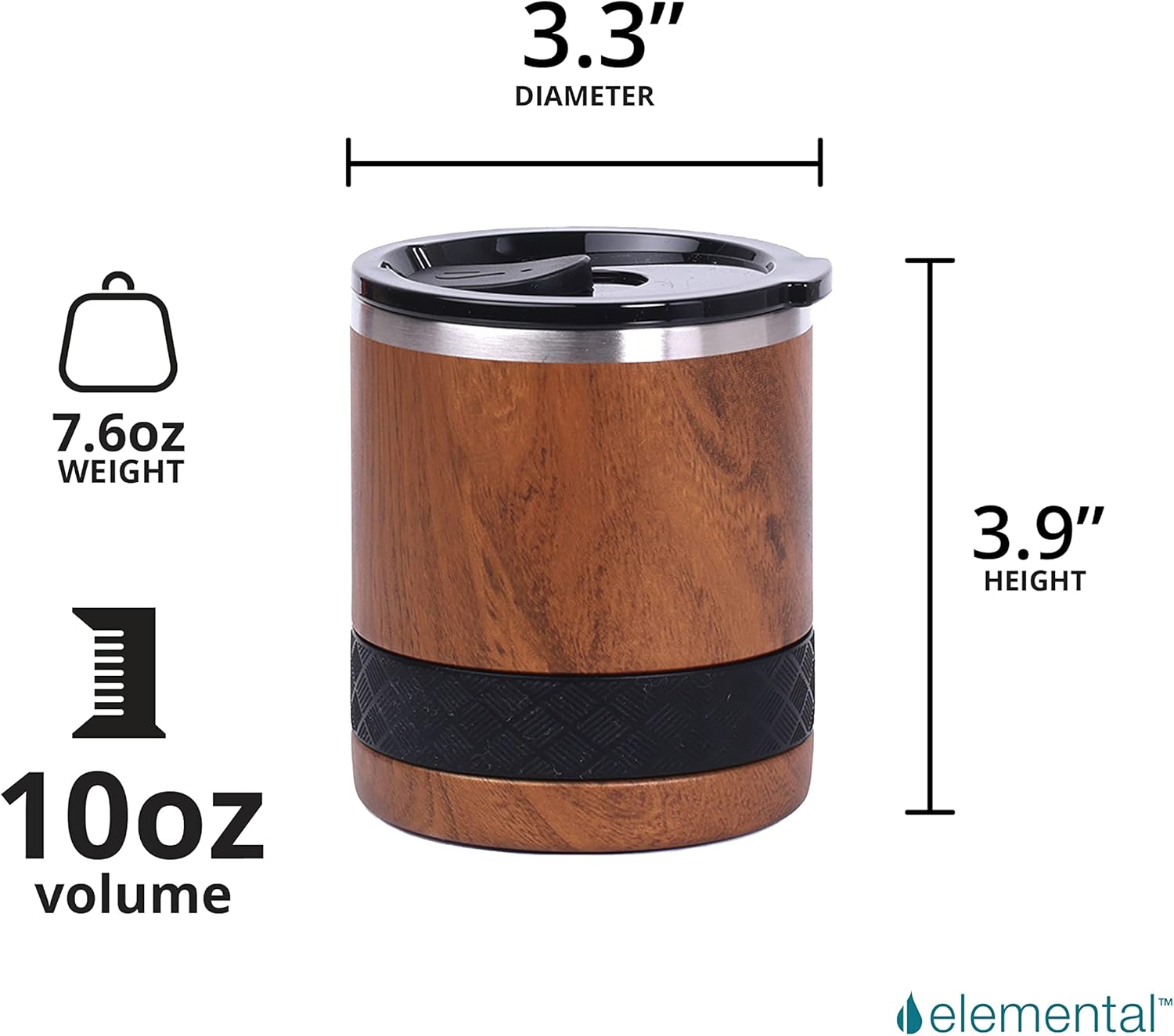 Elemental Juego de 2 vasos de baja bola de 10 onzas, taza de acero inoxidable de triple pared con tapa Tritan no rota, vaso de whisky aislado, taza