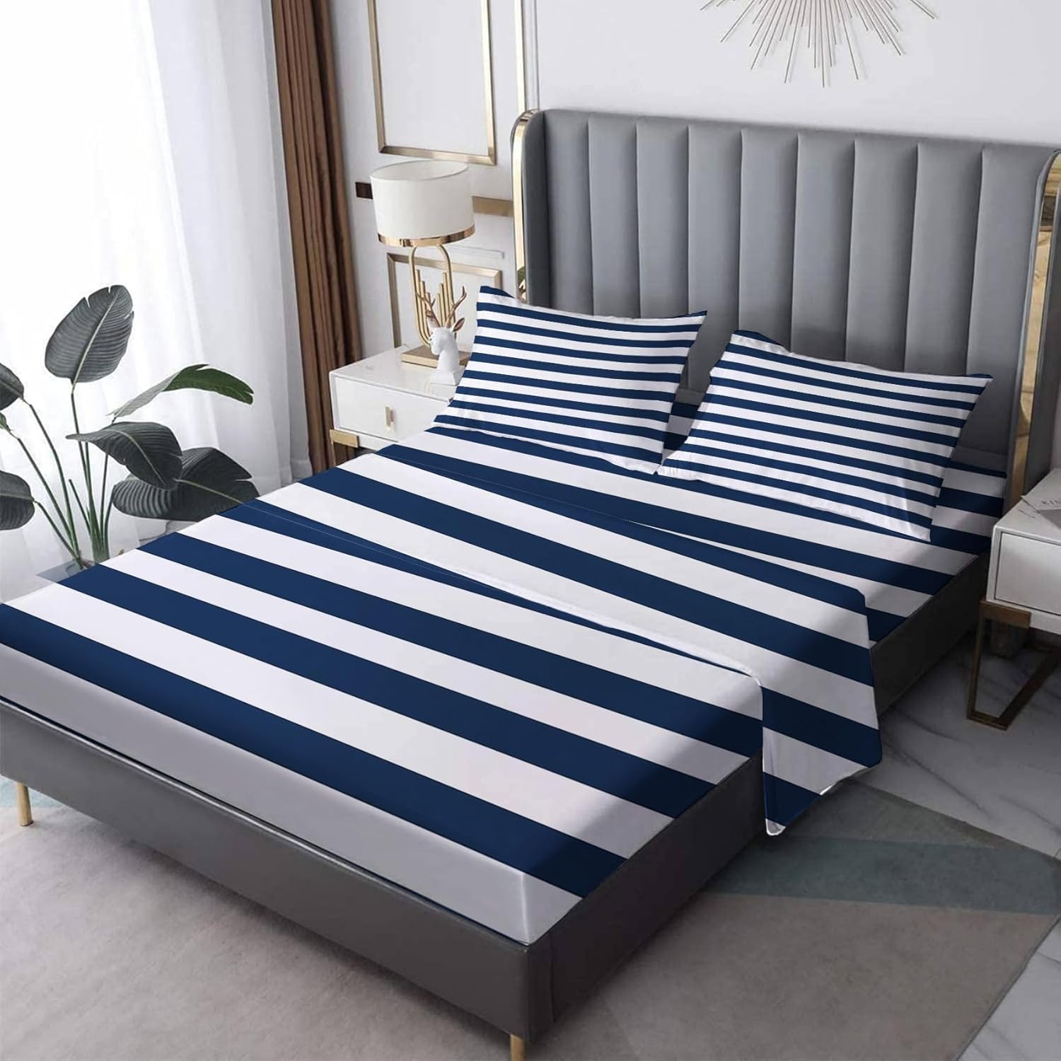 zcsm Nautical Sheets – Juego de sábanas tamaño Queen, color azul marino y blanco, de microfibra suave, bolsillo profundo, sábanas y fundas de
