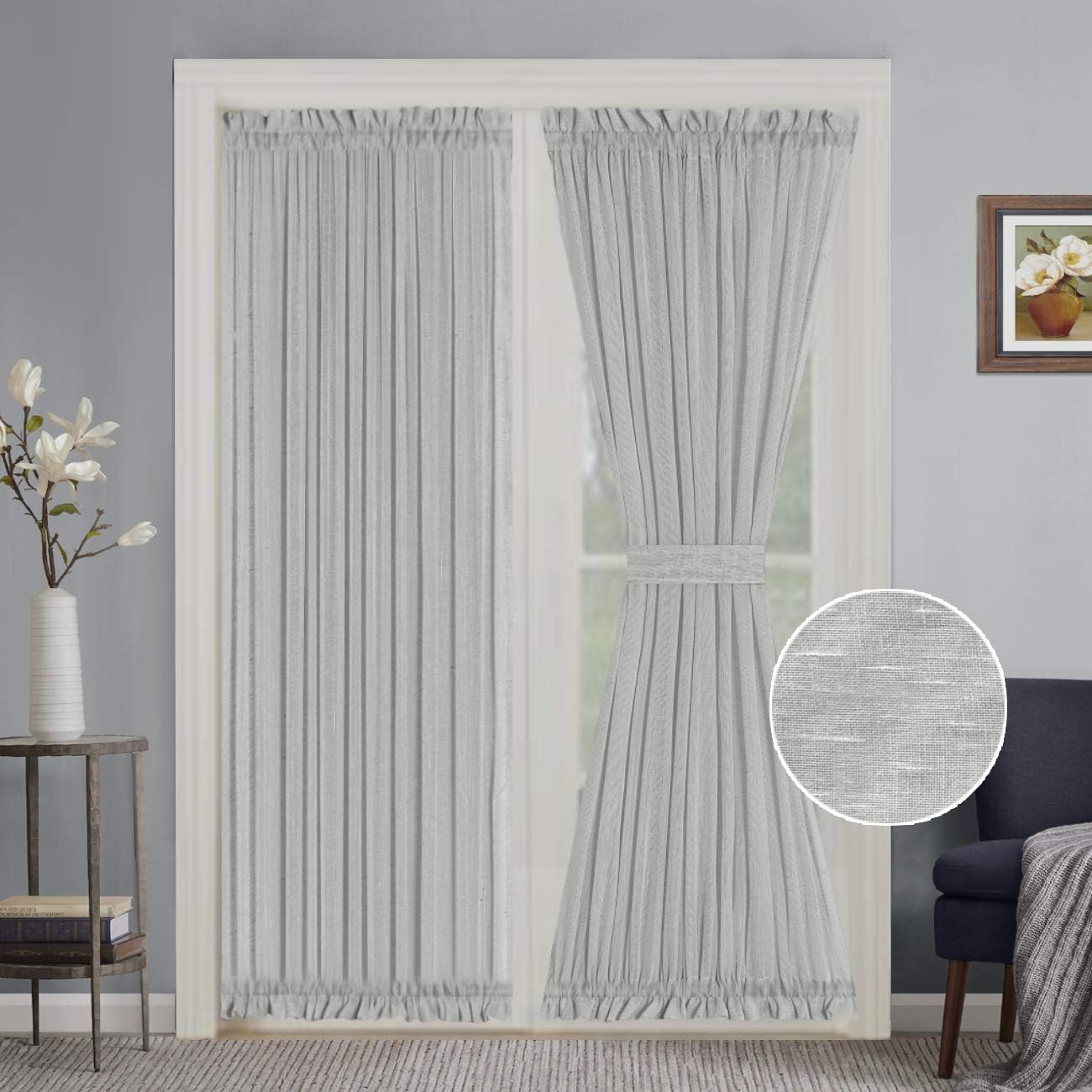 Turquoize Elegantes cortinas de lino para puerta francesa, paneles de cortina de filtrado de luz, panel de lino con bolsillo para barra, panel de