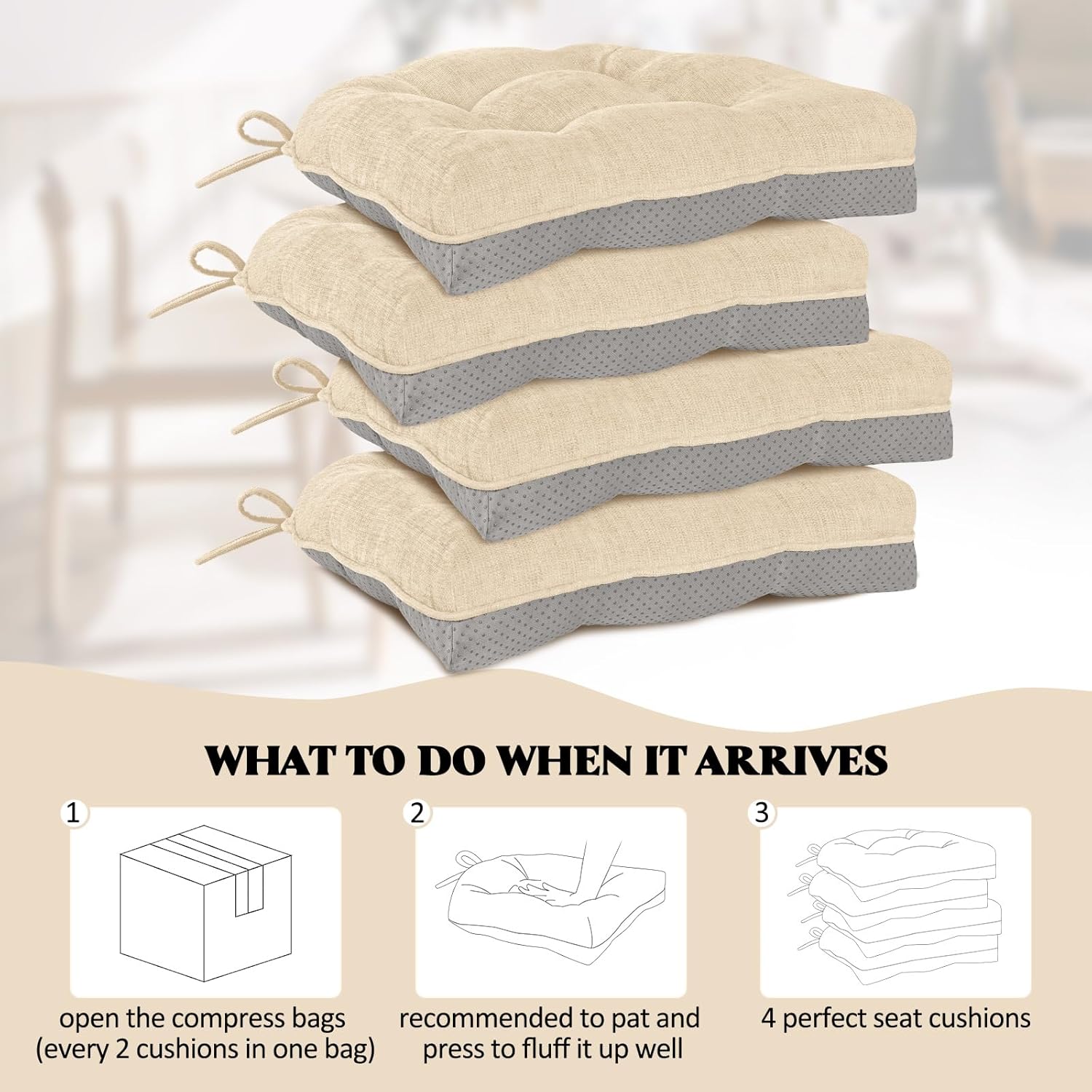HARBOREST Juego de 4 cojines para sillas de comedor, cojines copetudos de felpilla para sillas de cocina con lazos y parte inferior antideslizante,
