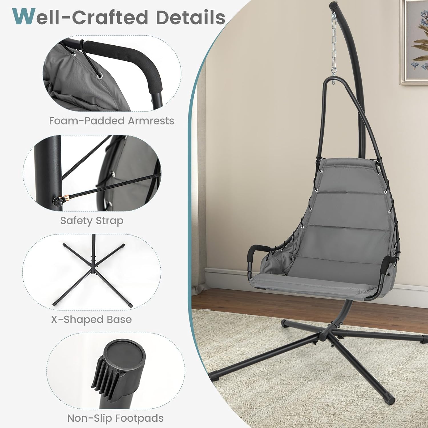 Giantex Silla colgante con soporte, hamaca columpio con asiento acolchado extragrande, marco de metal resistente, silla hamaca para interiores y