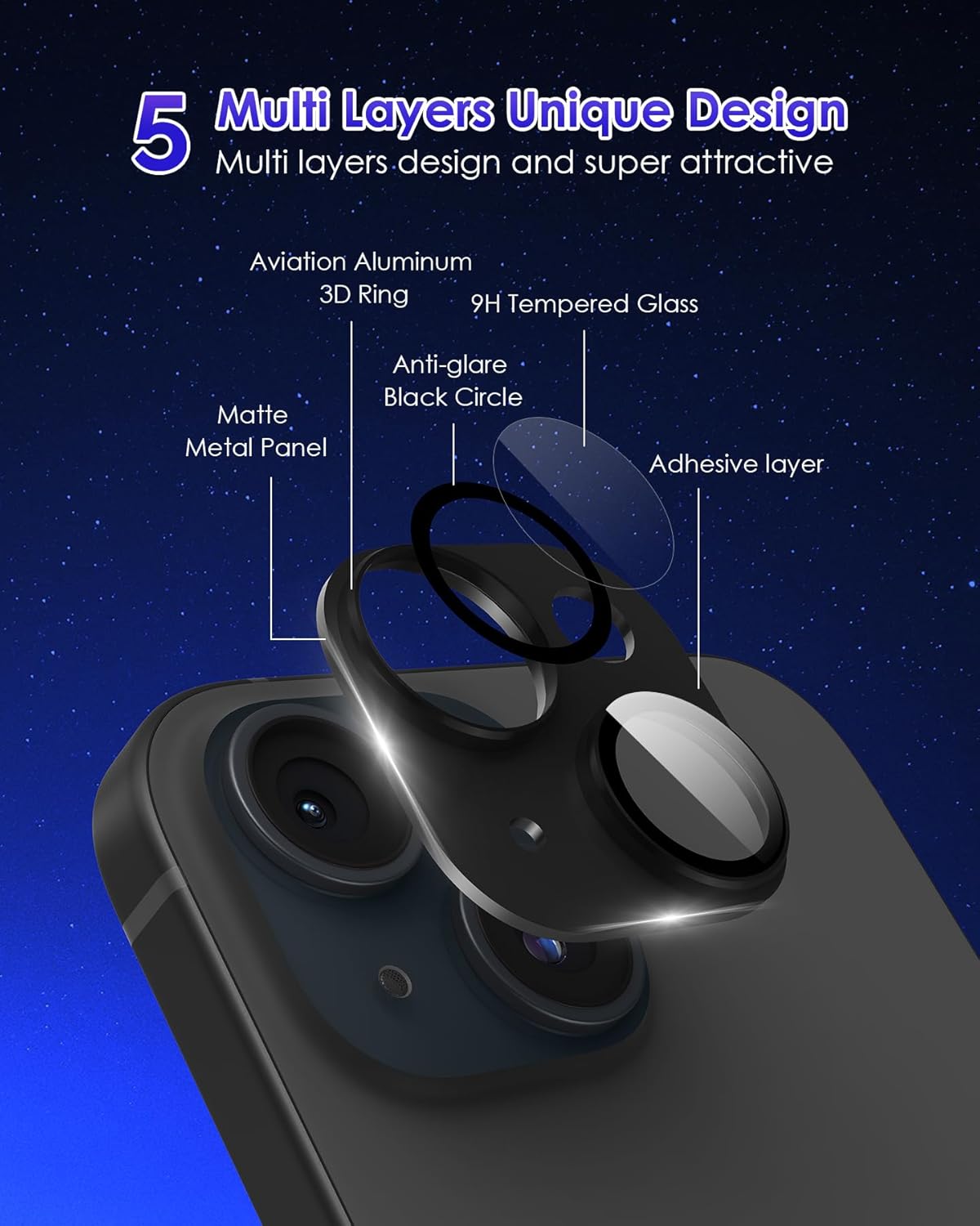 Para iPhone 15 PlusiPhone 15 Protector de lente de cámara Metal Plus Anillo de aleación de aluminio 9H Pantalla de vidrio templado Funda de cámara