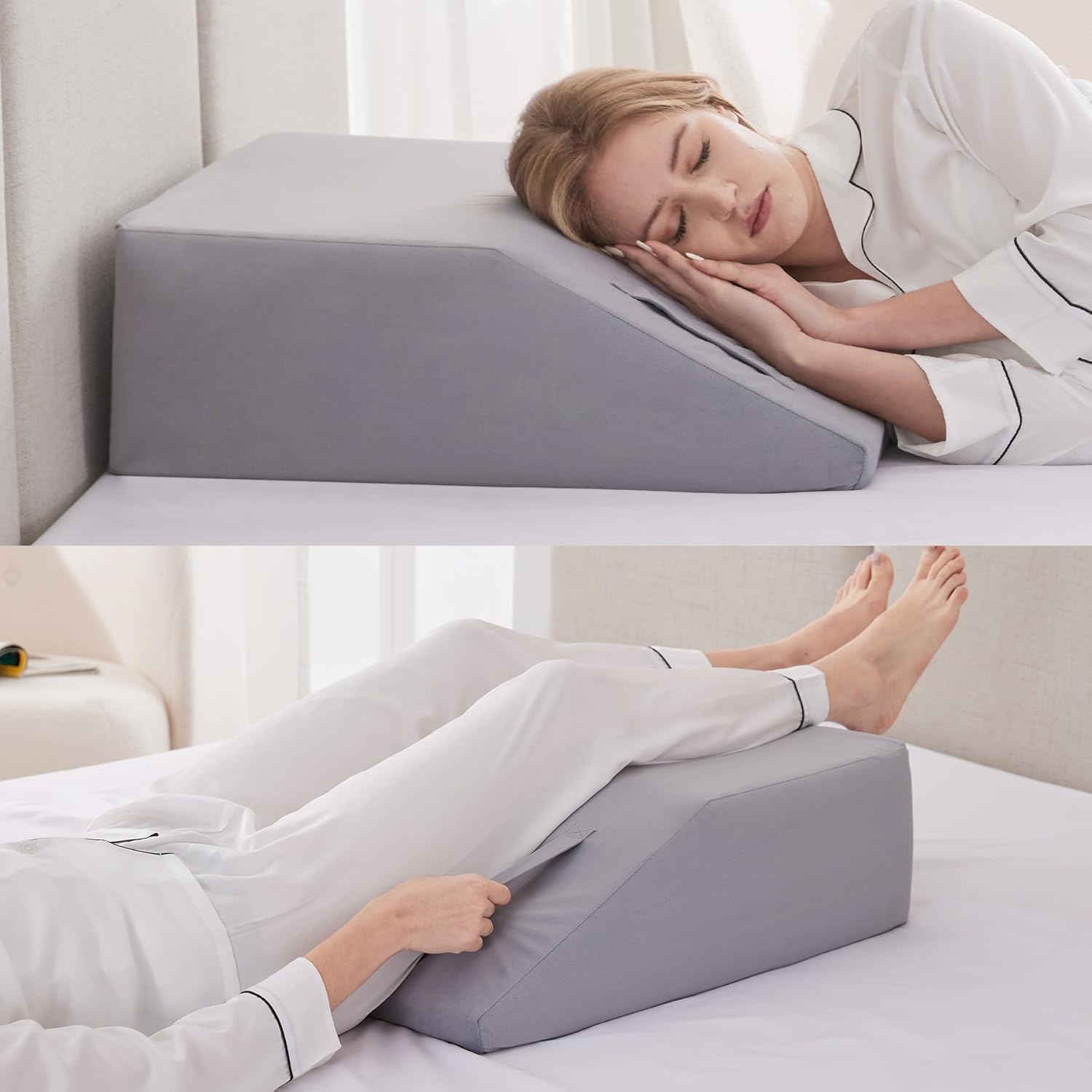 Ruqmuis Almohadas de elevación de piernas para dormir, almohada de cuña de espuma viscoelástica para piernas, almohada de cuña de rodilla para