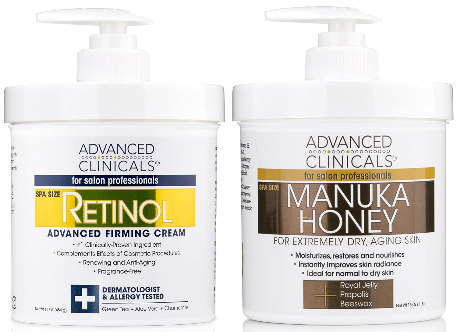 Advanced Clinicals Set de 2 lociones corporales de retinol + crema de miel de manuka  Loción facial hidratante y crema corporal  Tratamiento para el