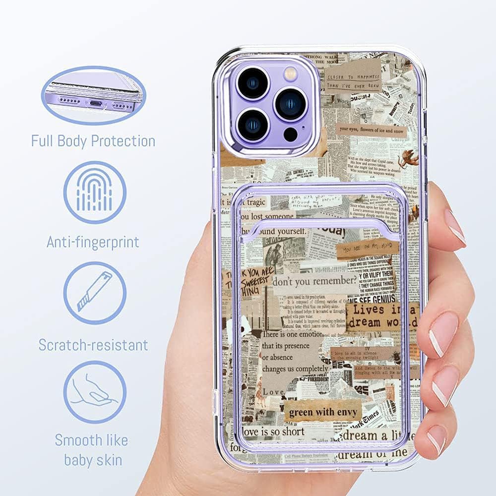 Funda estética para teléfono con tarjetero para iPhone 12 Pro Max, diseño de collage de periódicos retro, bonita funda para teléfono para niñas y