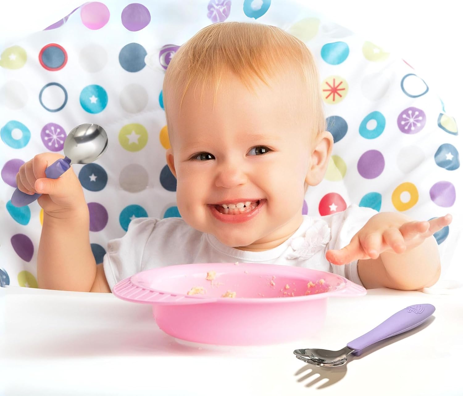 CHILLOUT LIFE Utensilios para niños pequeños, cubiertos para niños con mango de silicona, tenedores y cucharas de metal de acero inoxidable, seguro