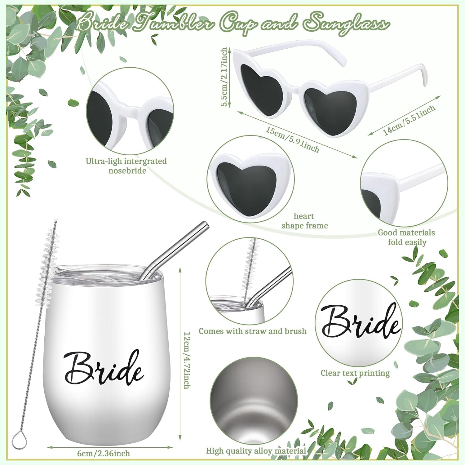 Sweetude 4 piezas de regalos para novia, bolsa de lona con bolsa de maquillaje, vaso de novia con cepillo para pajilla, lentes de sol blancos en
