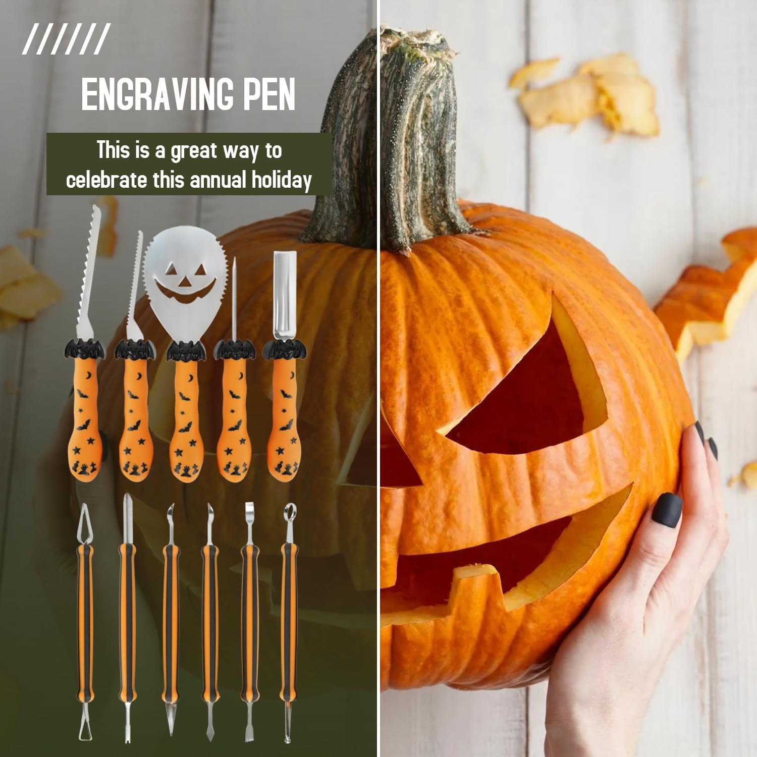 NDLBS Herramientas para tallar calabazas de Halloween, 11 piezas, juego profesional de tallado de calabaza con bolsa de almacenamiento, kit de