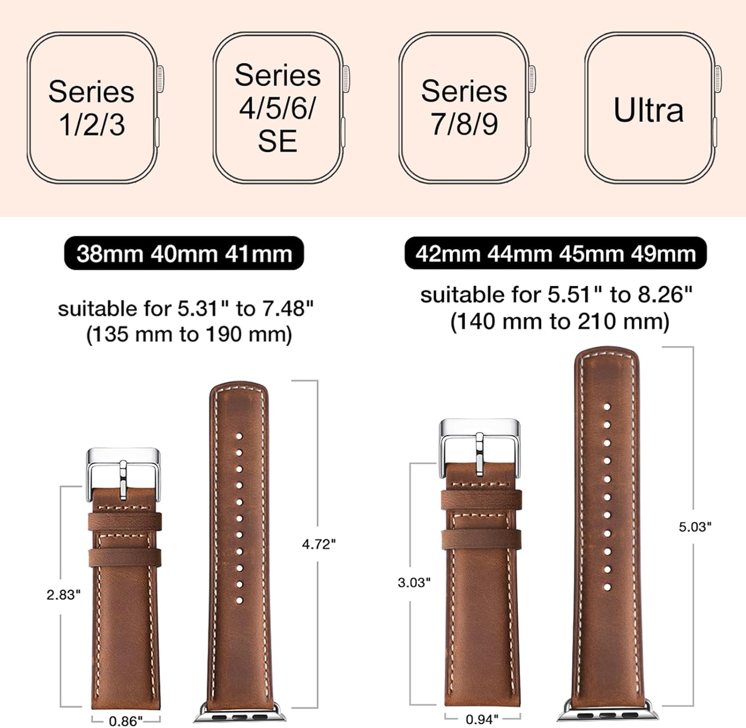 SUNFWR Correas de cuero compatibles con Apple Watch Band 1.929 in 1.772 in 1.732 in 1.654 in para hombres y mujeres, correa de repuesto de cuero