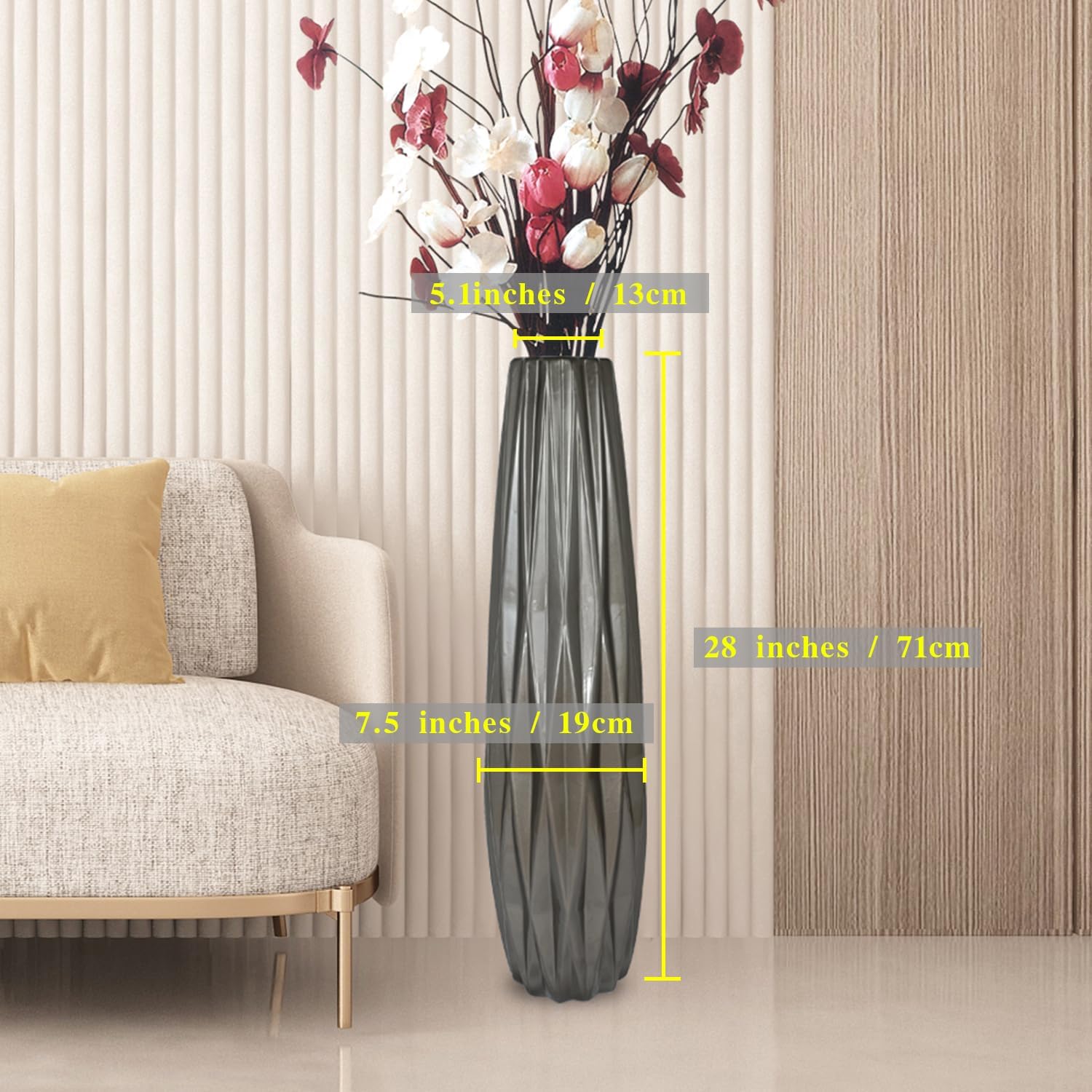 TDIAVH Jarrón de cerámica plateado de 28 pulgadas de alto, jarrones grandes modernos para decoración de sala de estar, decoración de jarrón grande
