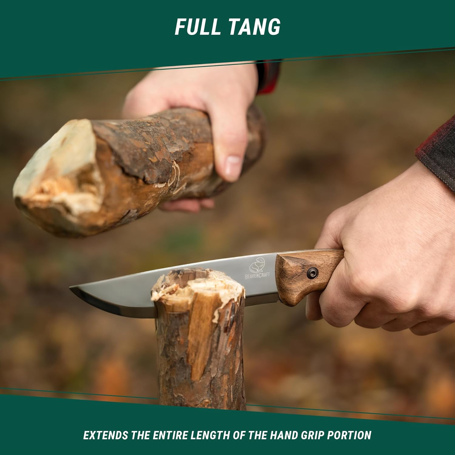 BeaverCraft Bushcraft Cuchillo de hoja fija con funda de cuero, cuchillo de camping, cuchillo de espiga completa, cuchillos de acero al carbono,