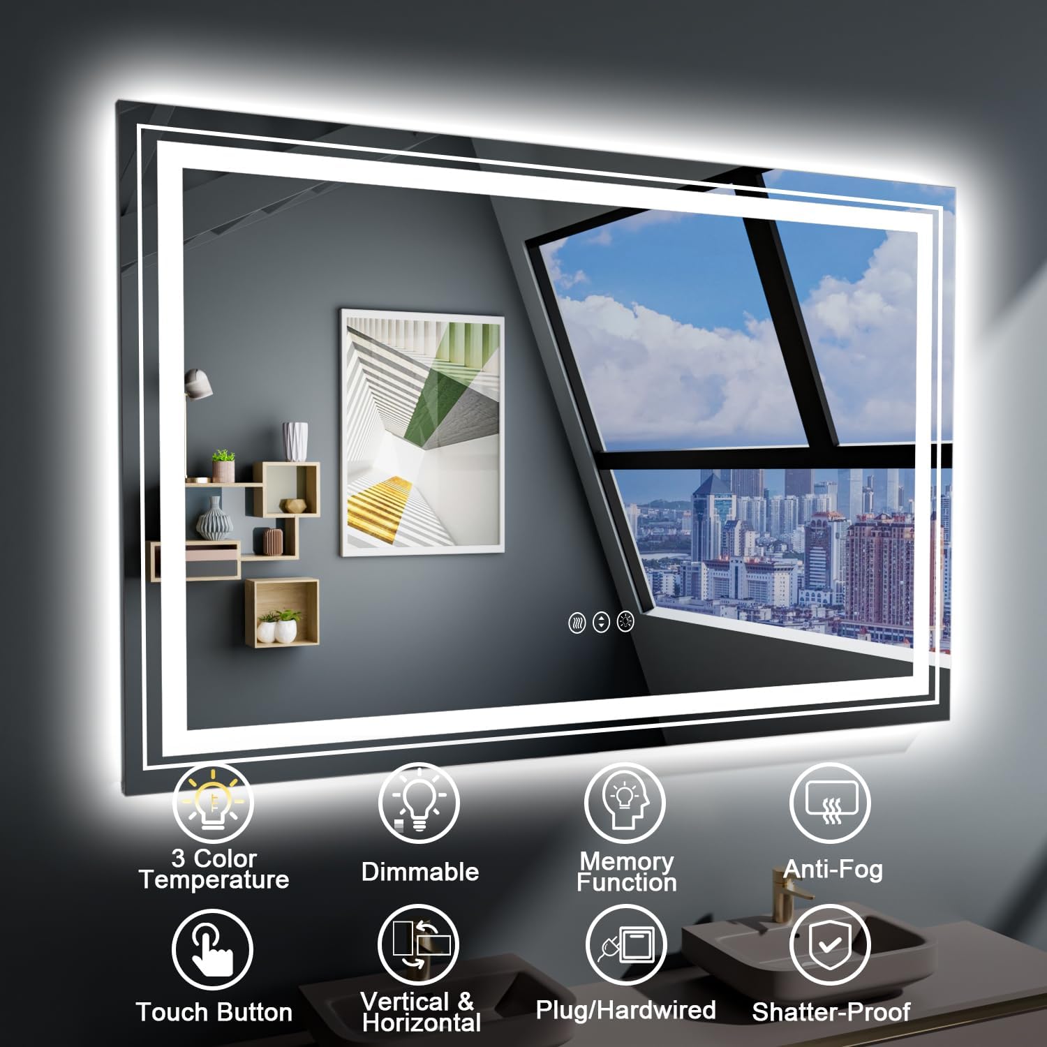 Snowdool Espejo de baño LED de 60 x 40 pulgadas, espejo de baño antiniebla con luces, regulable continuo, espejo de tocador iluminado de 3 colores,