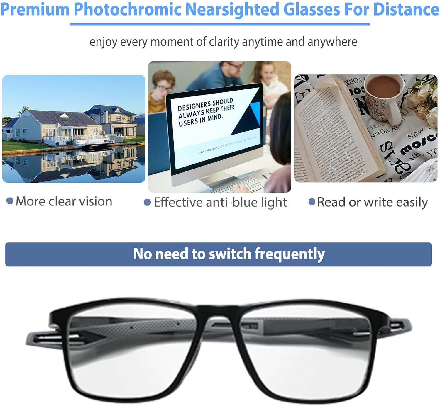 Gafas de miopía fotocromática para hombres y mujeres a distancia, bloqueo de luz azul, lentes de visión corta