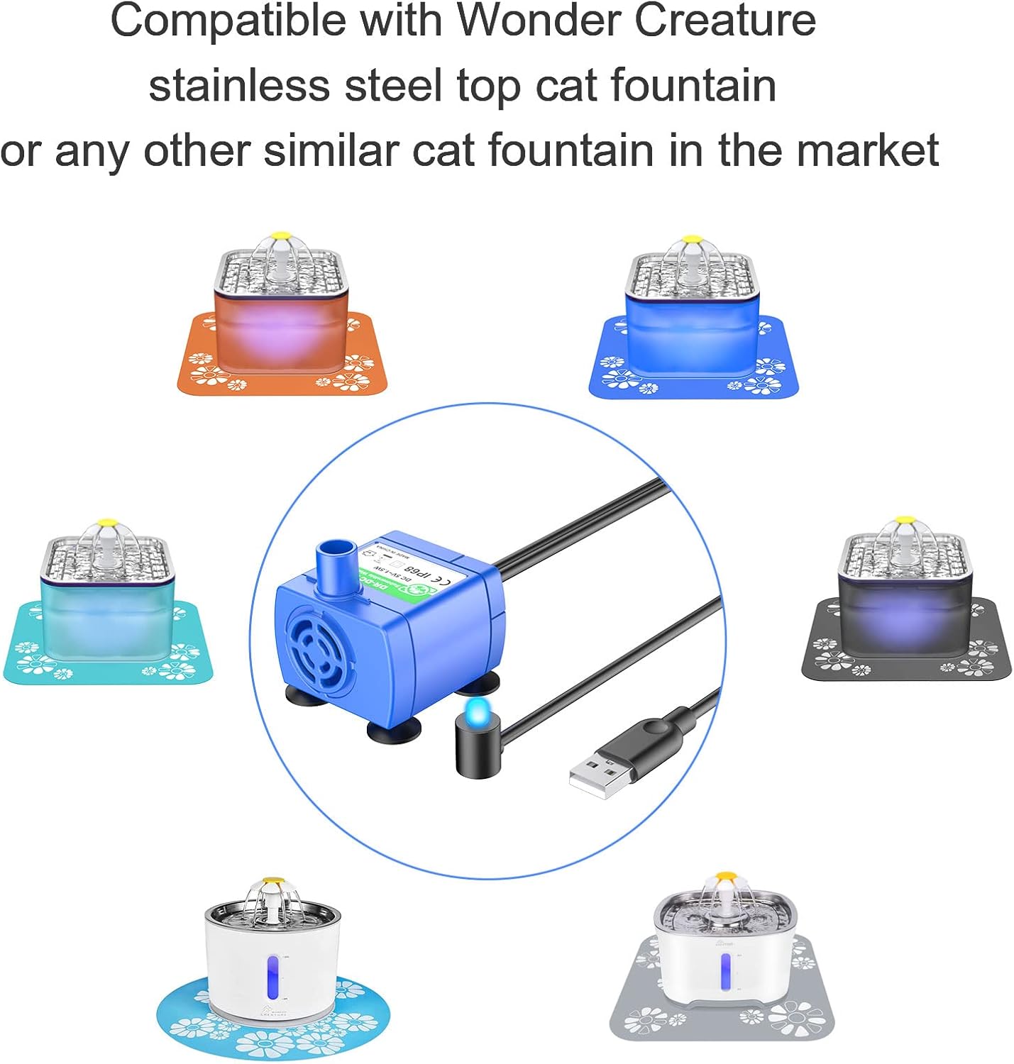 Repuesto de bomba de fuente para gatos, bomba de fuente de agua inteligente mejorada para fuente redonda y cúbica para gatos, bomba inteligente de
