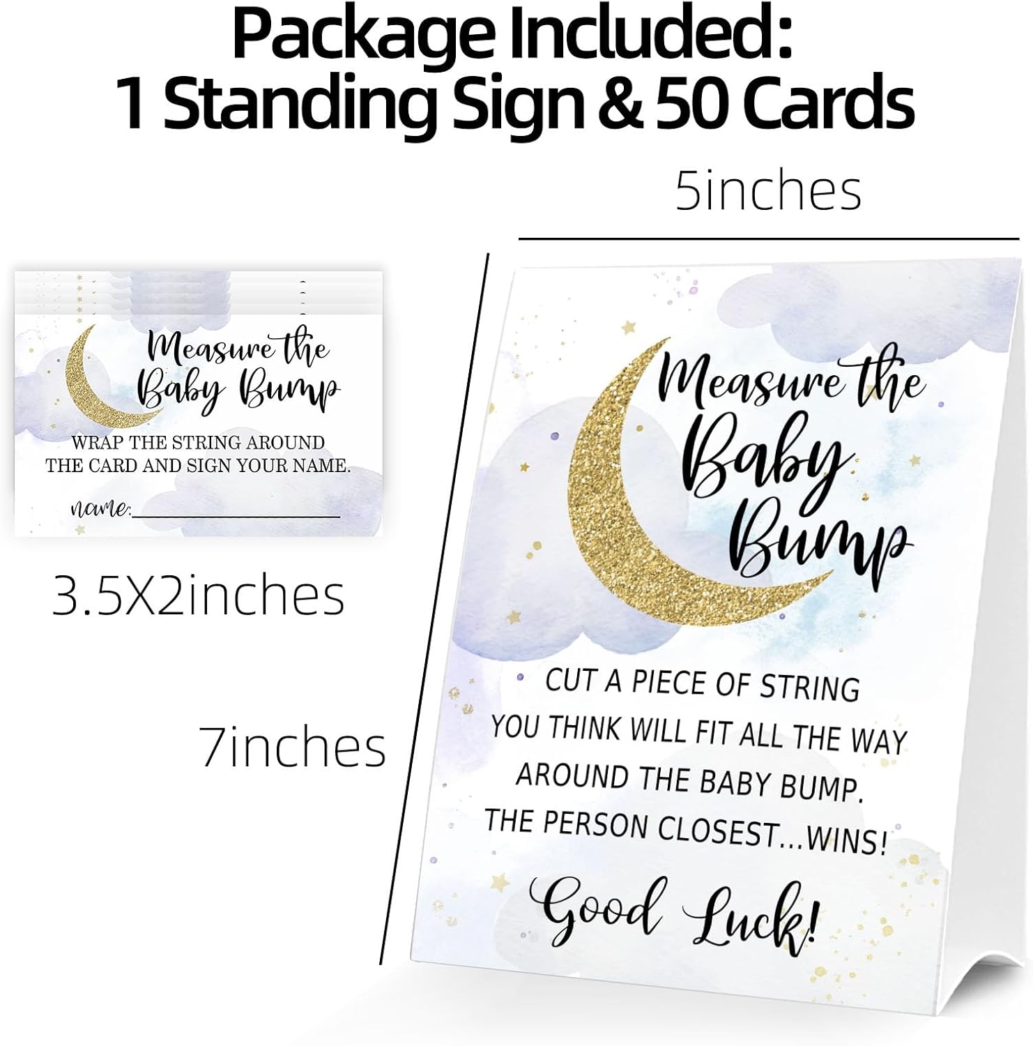 Letrero de Baby Shower Games Measure the Baby Bump, How Big is Mommy’s Belly Party Favors, cartel de pie Kraft de 5 x 7 pulgadas y 50 tarjetas de