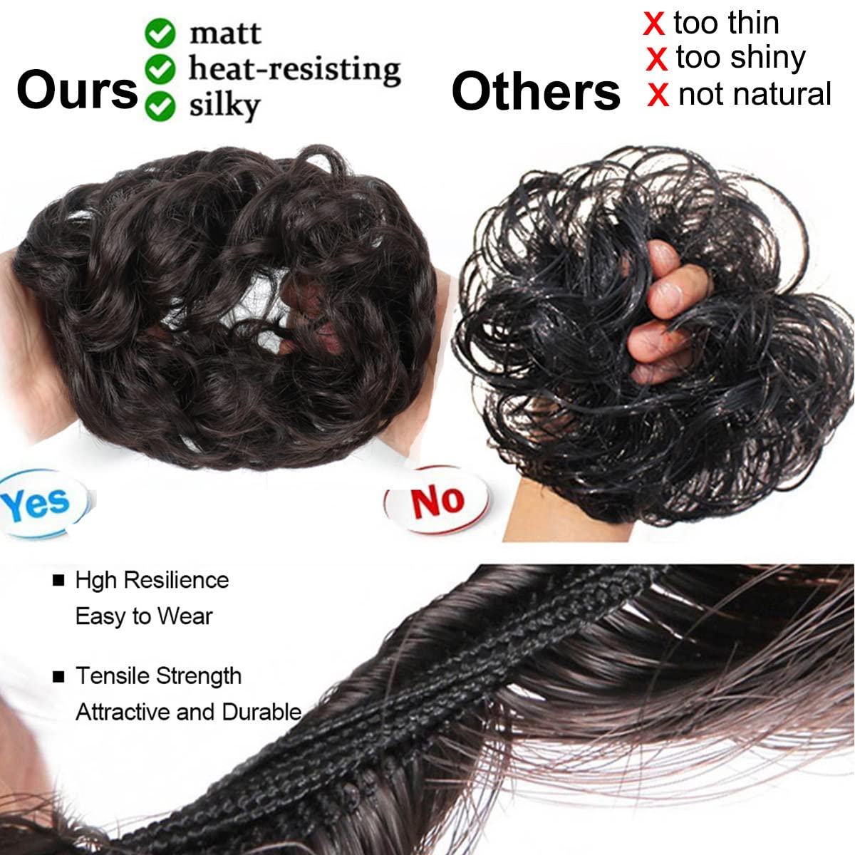 2 piezas de cabello de moño desordenado, extensiones de cabello sintético grueso, recogido, rizado, ondulado, cola de caballo para mujeres y niñas,