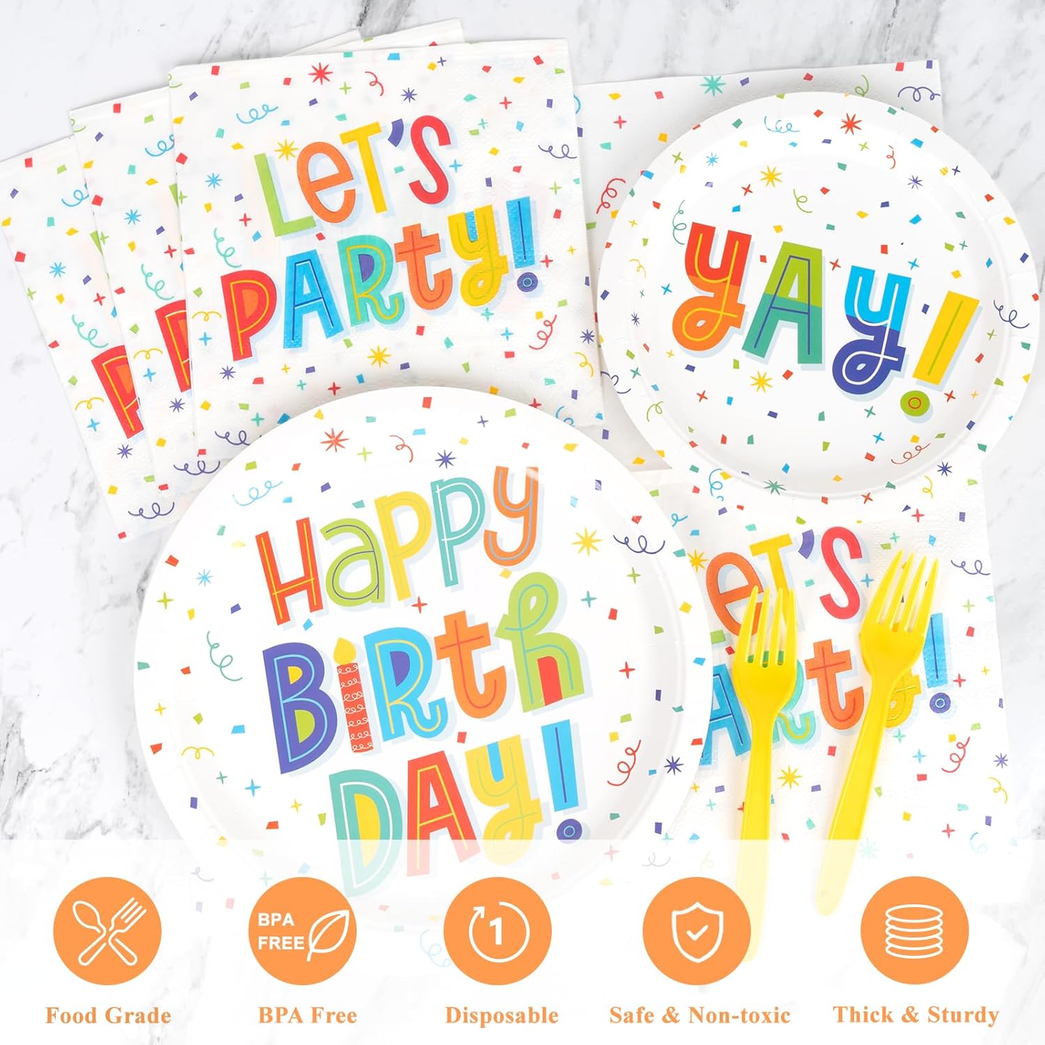 DECORLIFE Platos y servilletas de feliz cumpleaños, suministros para fiesta de 24, suministros de fiesta de cumpleaños incluyen tenedores para