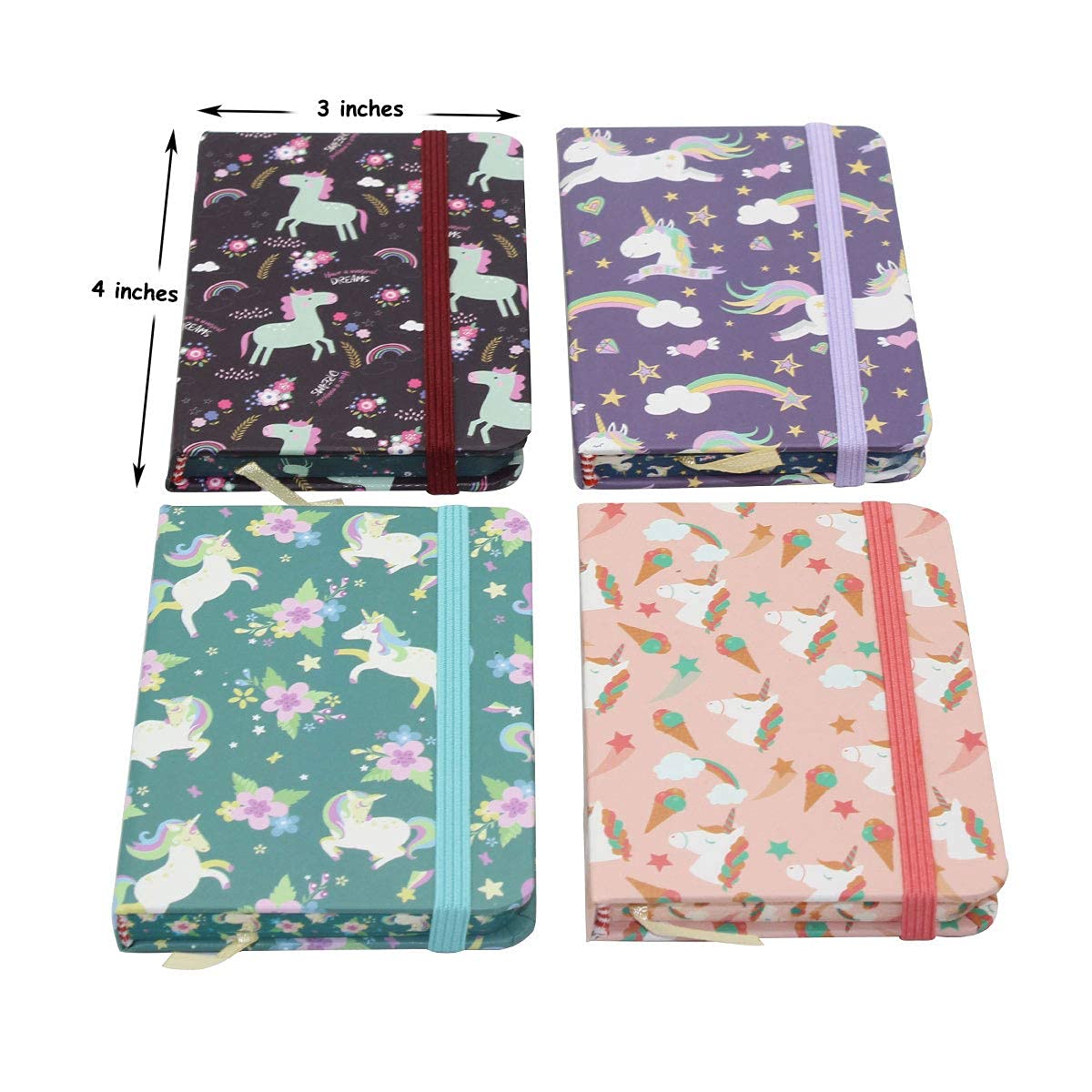 4 cuadernos de unicornio de 3 x 4 pulgadas, mini diario de bolsillo interior, bloc de notas de escritura lindo con cierre elástico a rayas para