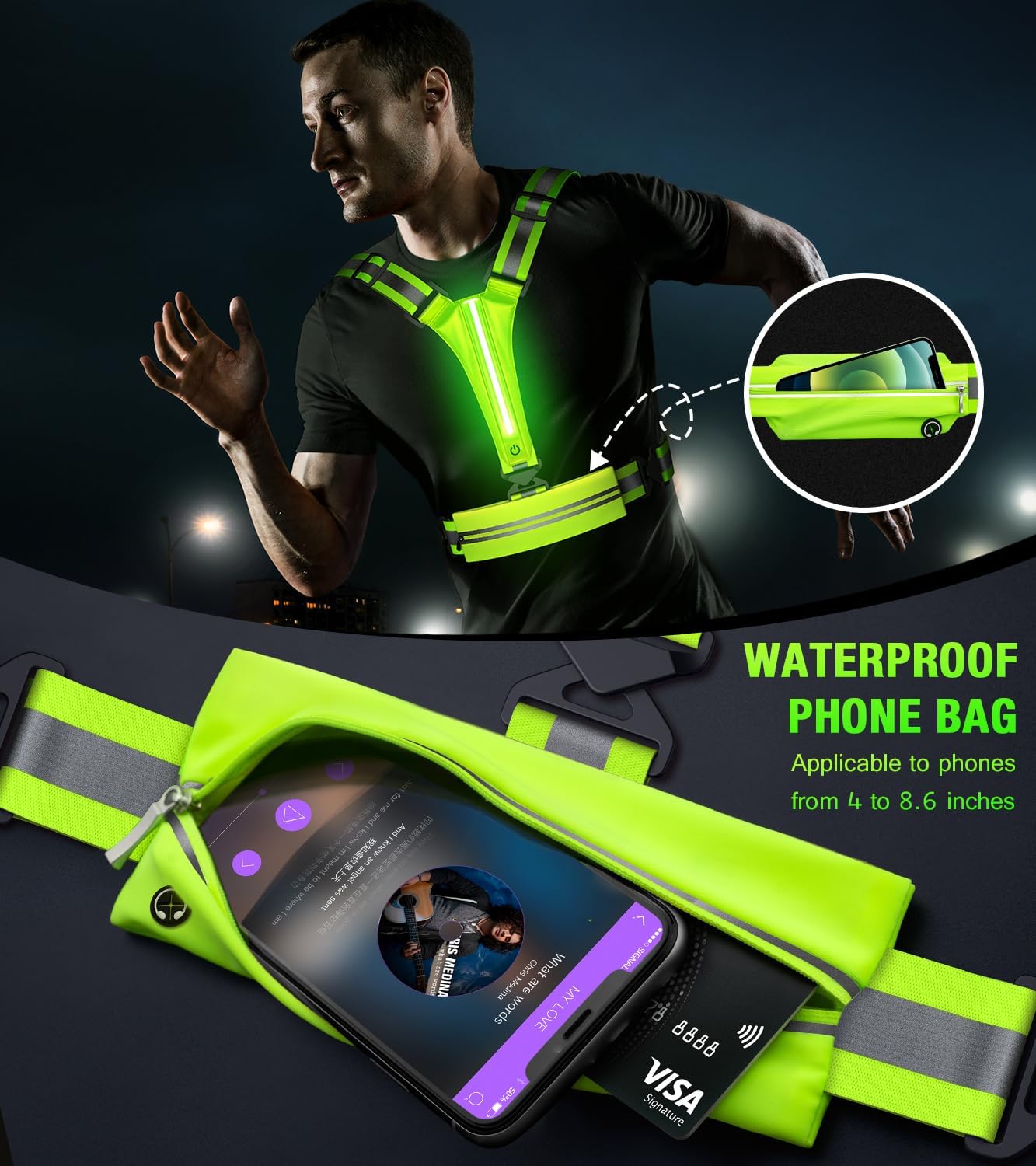 Chaleco reflectante LED para correr, chaleco de correr recargable por USB para corredores, caminatas nocturnas con bolsa impermeable para teléfono,