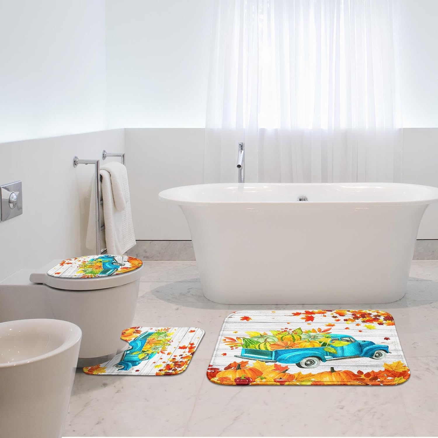 Arttown Juego de 3 alfombras y tapetes de baño con diseño de calabazas otoñales, antideslizantes, de madera de color naranja otoñal,