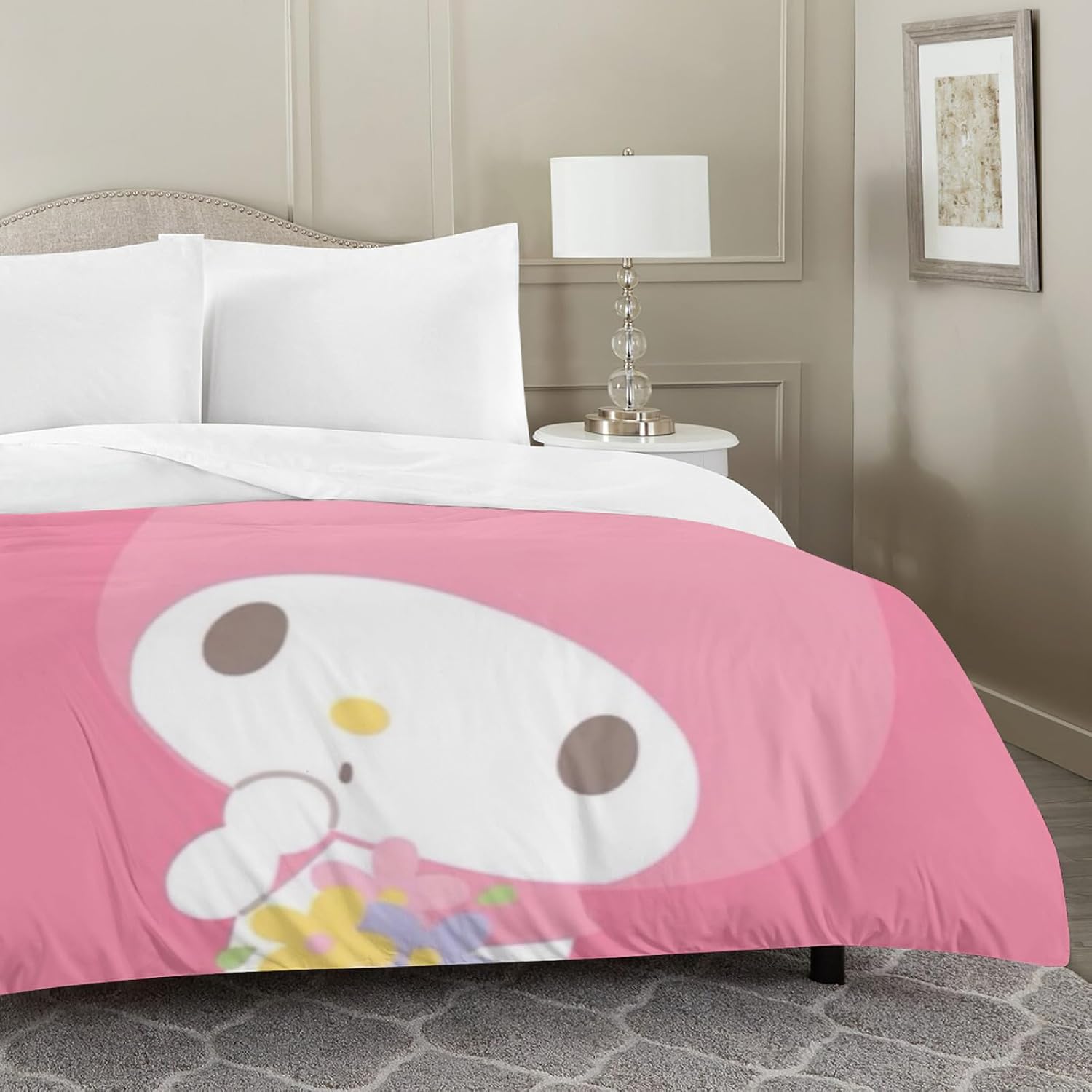 DIEZ Juego de cama de 3 piezas con estampado de conejito de dibujos animados rosa, funda de edredón suave de lujo con cremallera, matrimonial (1
