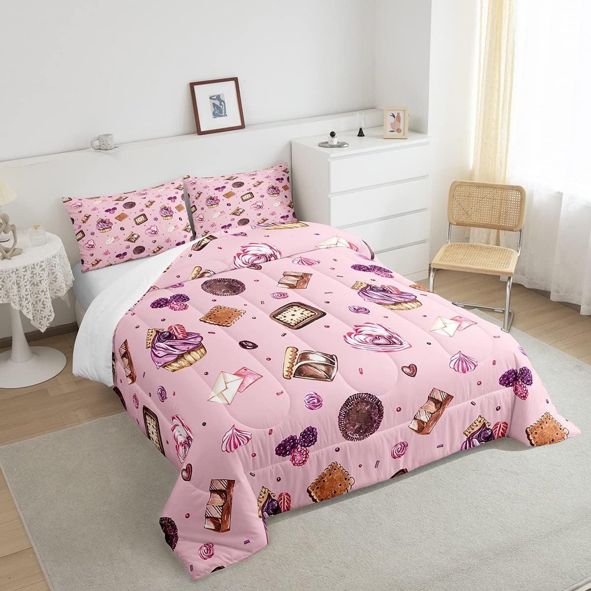 Juego de edredón de postre para niñas, tamaño Queen, juego de ropa de cama gourmet de pastel de galletas, 3 piezas para adolescentes, niños y