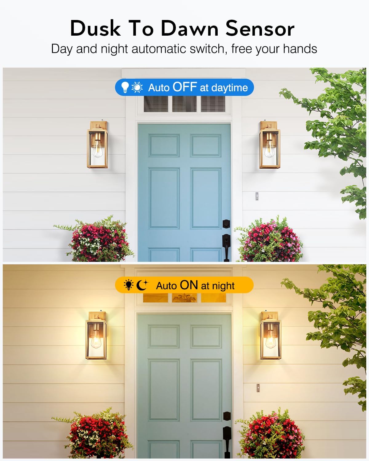 VIANIS Lámpara de pared dorada para exteriores, sensor de atardecer a amanecer, apliques de montaje en pared exterior para casa, lámparas de pared