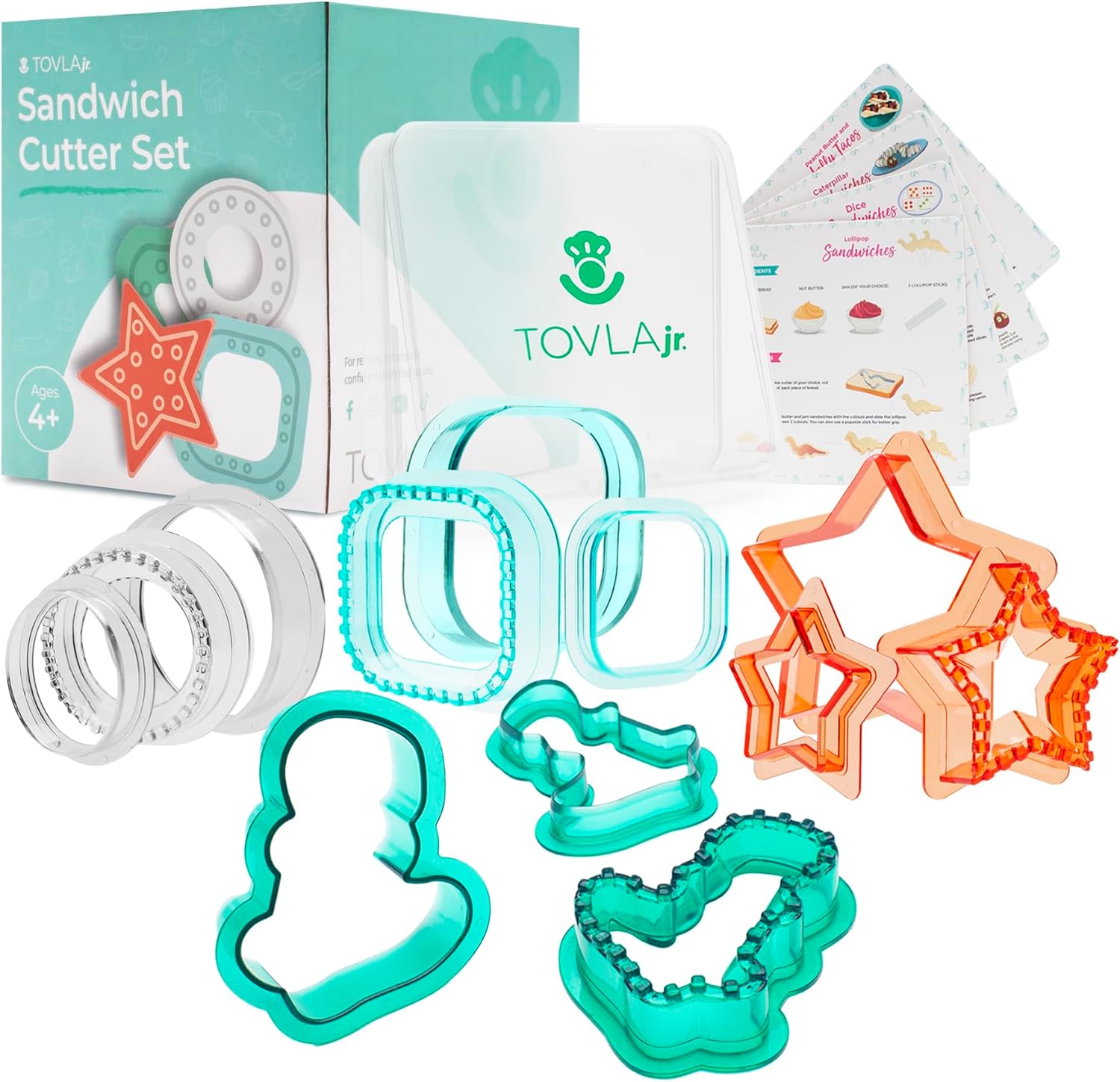 Tovla Jr – Cortadores de sándwich para niños, juego de 4 formas divertidas con soporte para sándwiches y tarjetas de recetas, sin BPA y seguros para