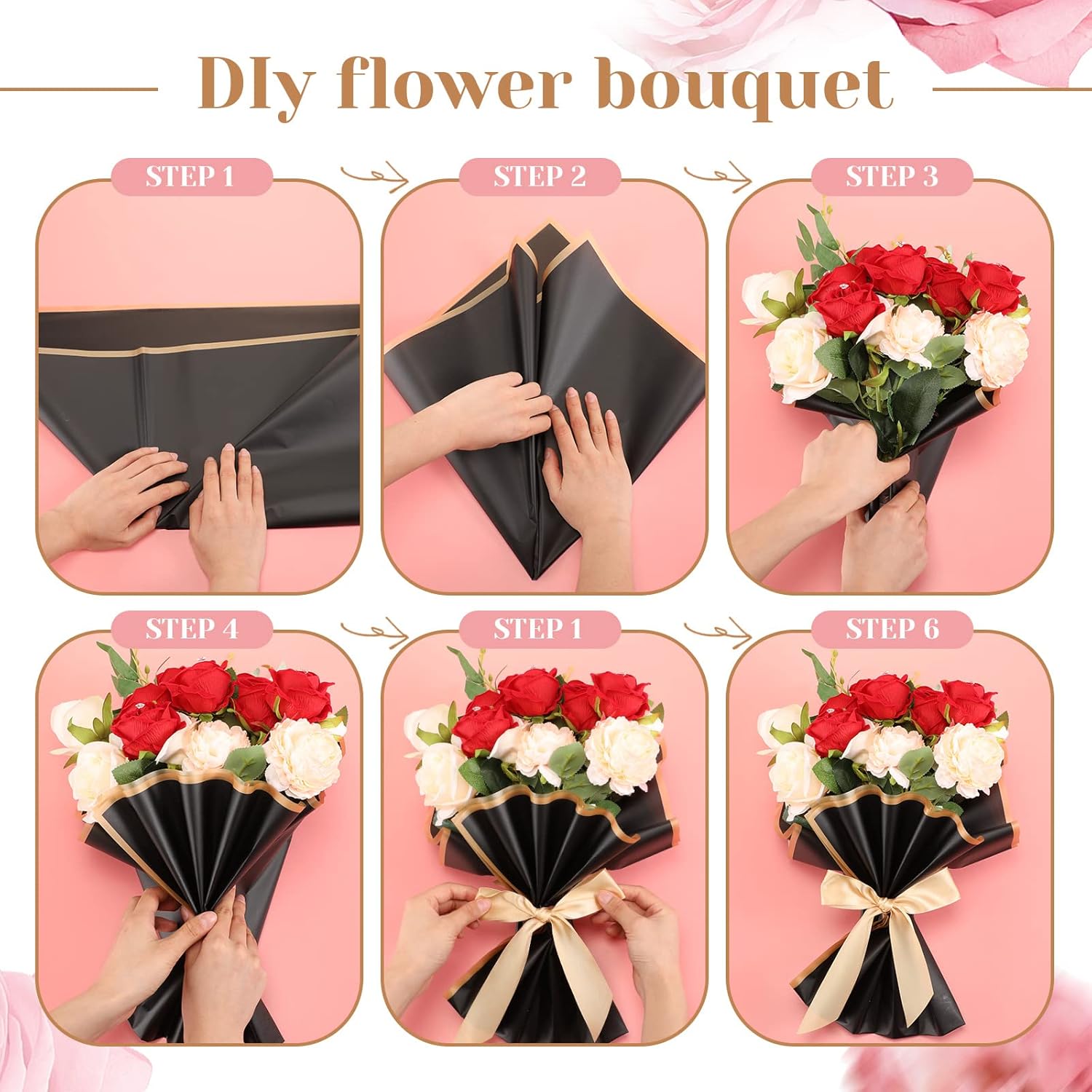 Ceenna 294 accesorios para ramos de flores que incluyen 40 hojas de papel de regalo de flores con borde dorado, 6 mini coronas, 48 decoraciones de