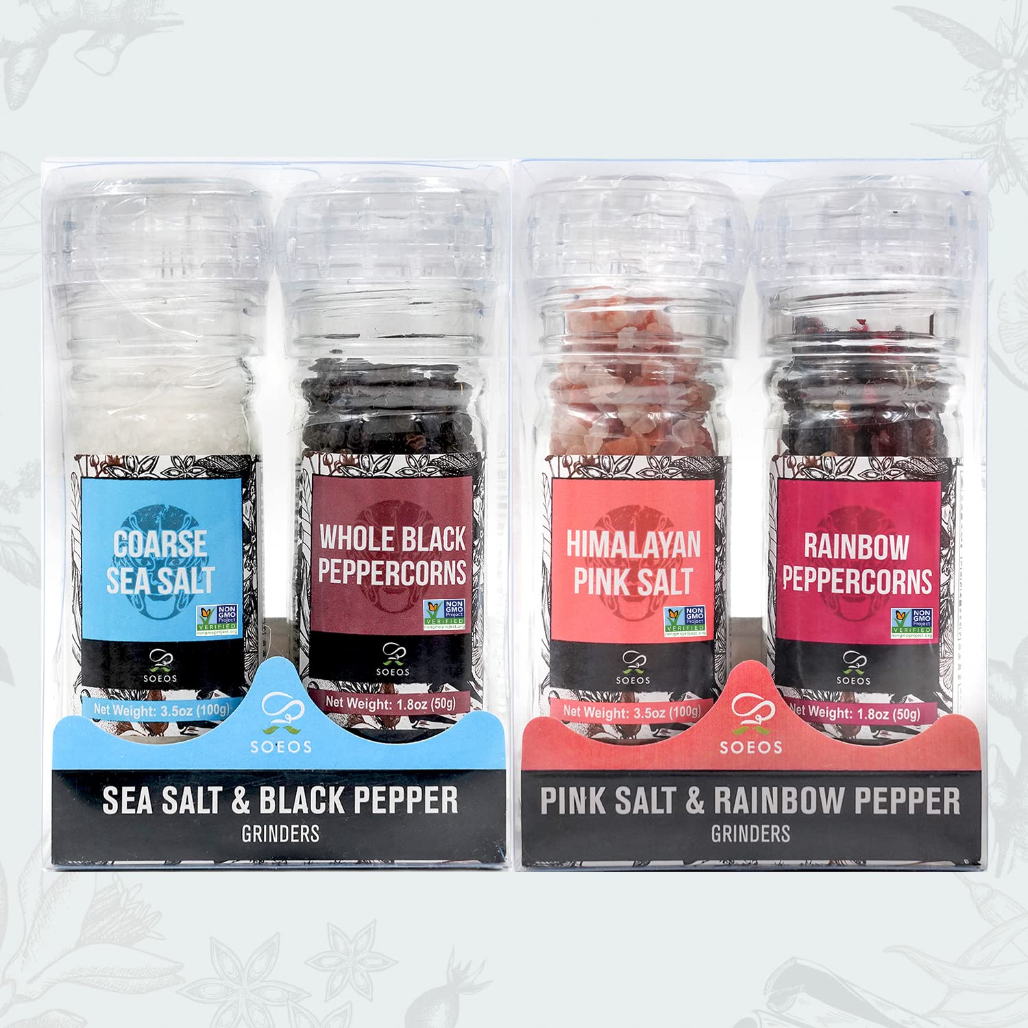 Soeos Granos de pimienta negra + sal marina blanca + granos de pimienta arcoíris + sal rosa, 10.6 oz (300.50 g), juego de sal y pimienta, juego de