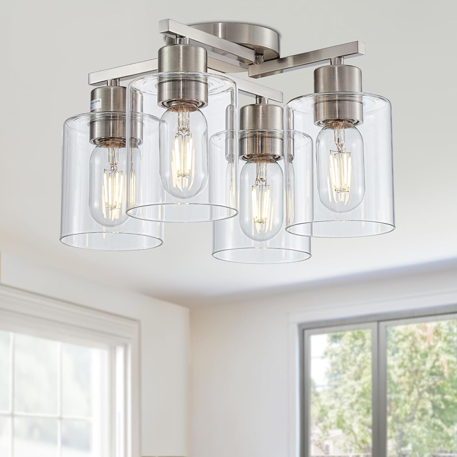 4 luces de techo semiempotradas, modernas lámparas de techo de níquel cepillado, accesorios de iluminación de techo con pantalla de vidrio