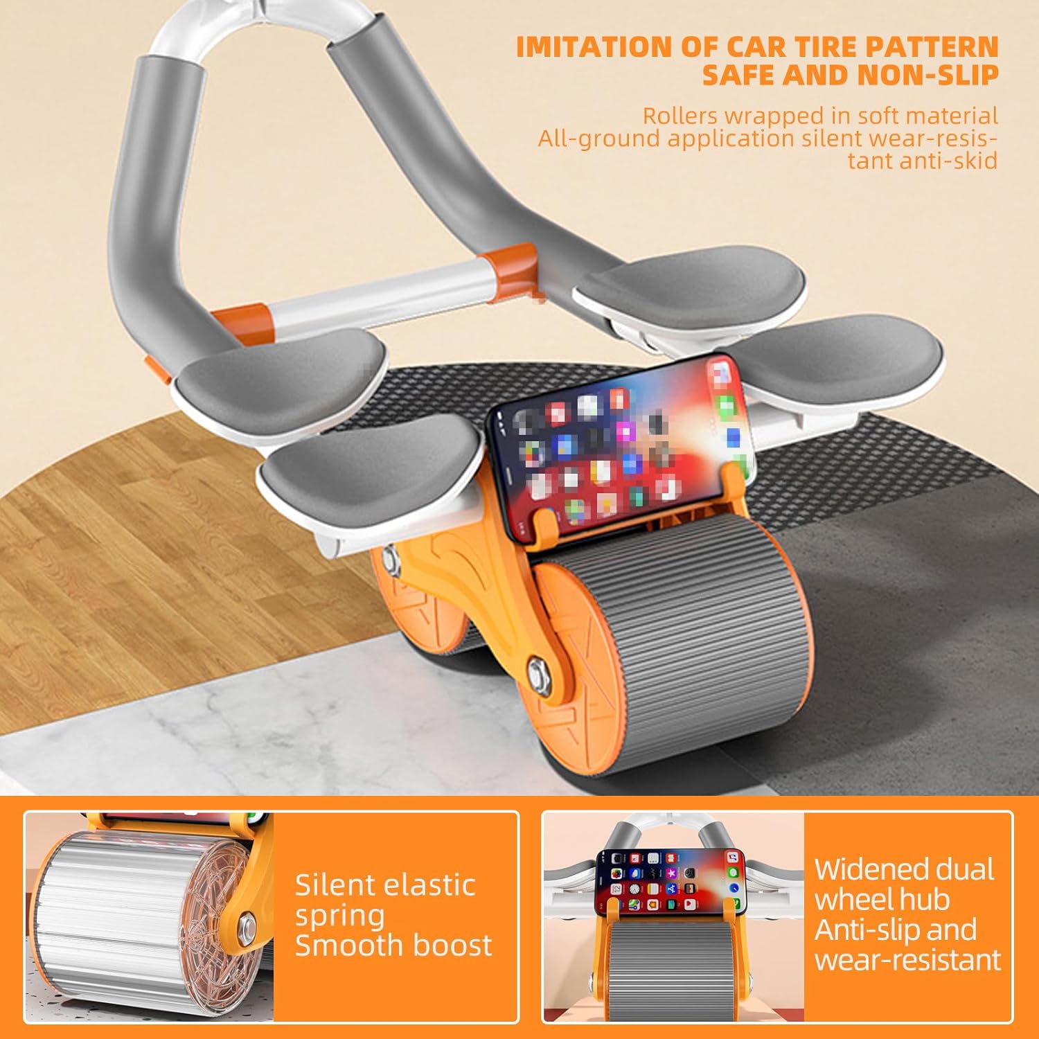 Rodillo de abdominales con soporte para el codo, rueda abdominal de rebote automático mejorada con 4 codos, temporizador, rodillera, equipo de