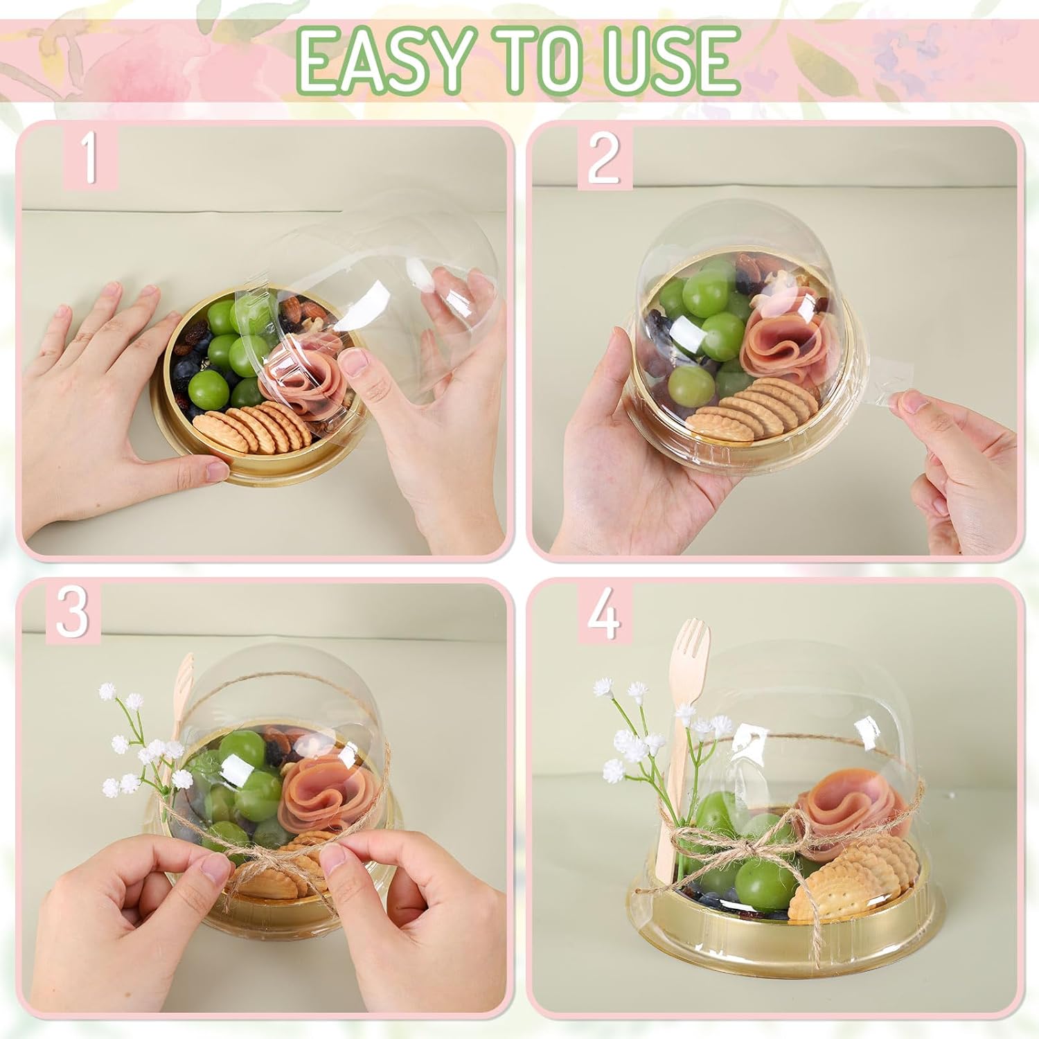 Whaline Juego de 50 vasos desechables individuales para cupcakes, de plástico transparente, con mini cuerda de madera para postizo de graduación,