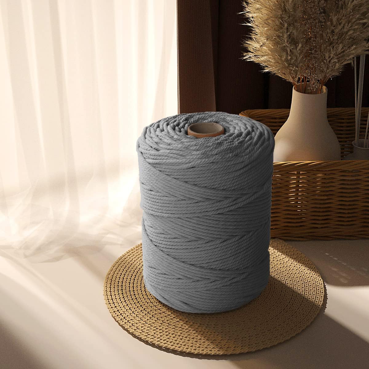 ZUEXT – Cordón de algodón de macramé de 0.197 in x 328 yardas, cuerda trenzada natural hecha a mano gris claro, 4 hebras de cuerda de punto para