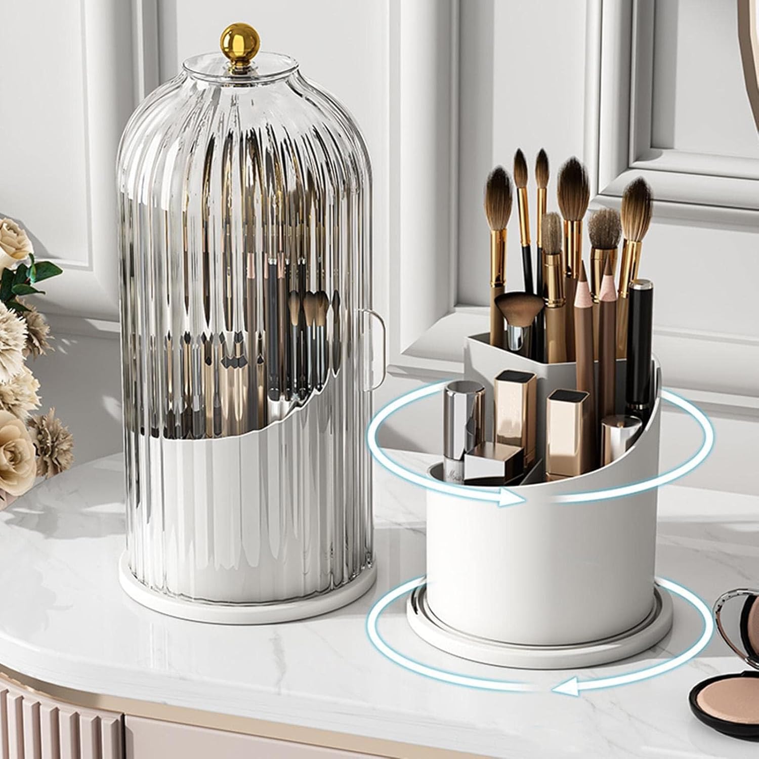 DASHENRAN Soulona – Organizador de maquillaje, elegante organizador de maquillaje giratorio de 360, organizador de brochas de maquillaje con tapa,