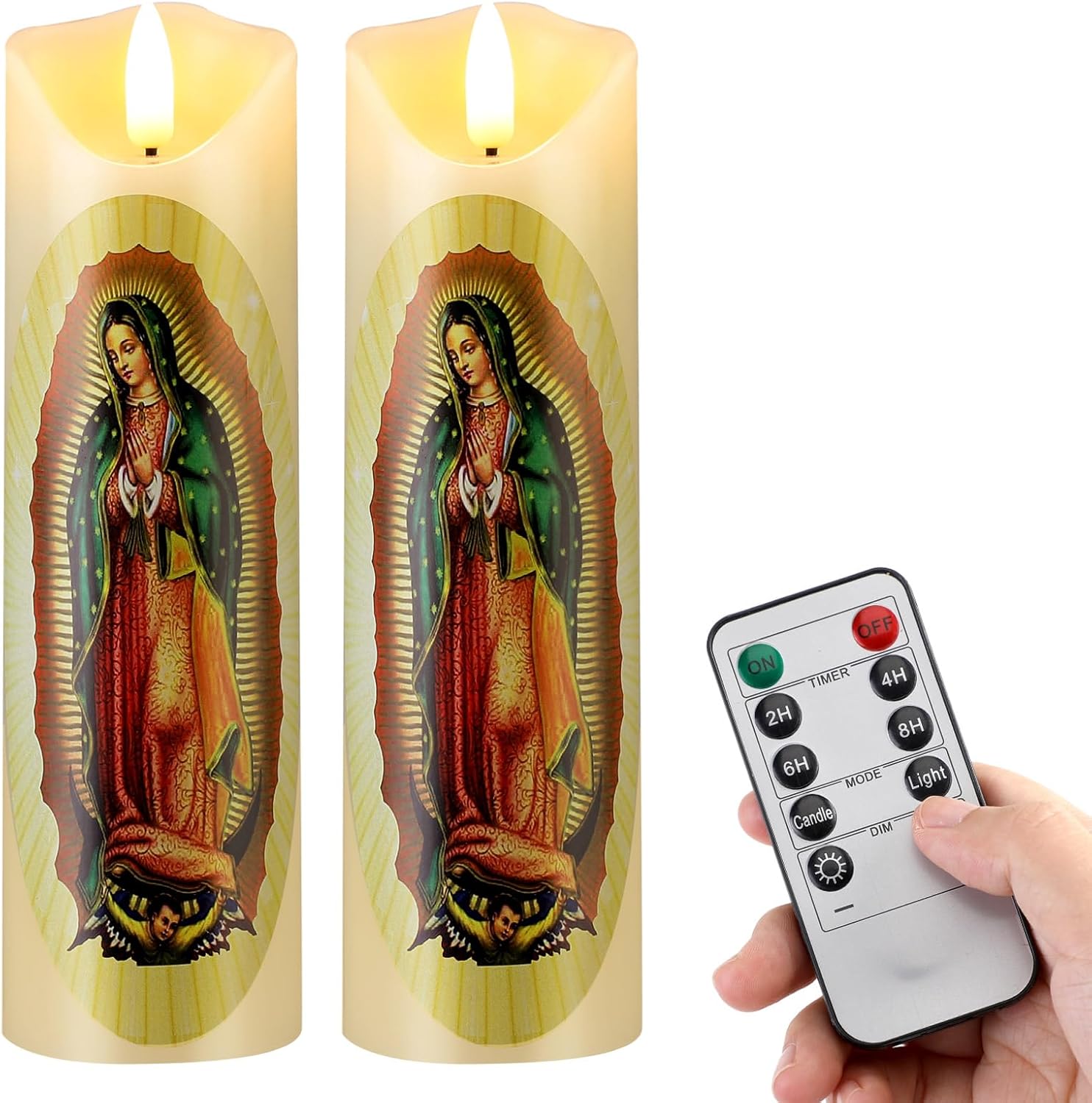 Juego de 2 velas LED de oración sin llama de Nuestra Señora de Guadalupe de cera real, velas religiosas de devoción, decoración religiosa, regalo
