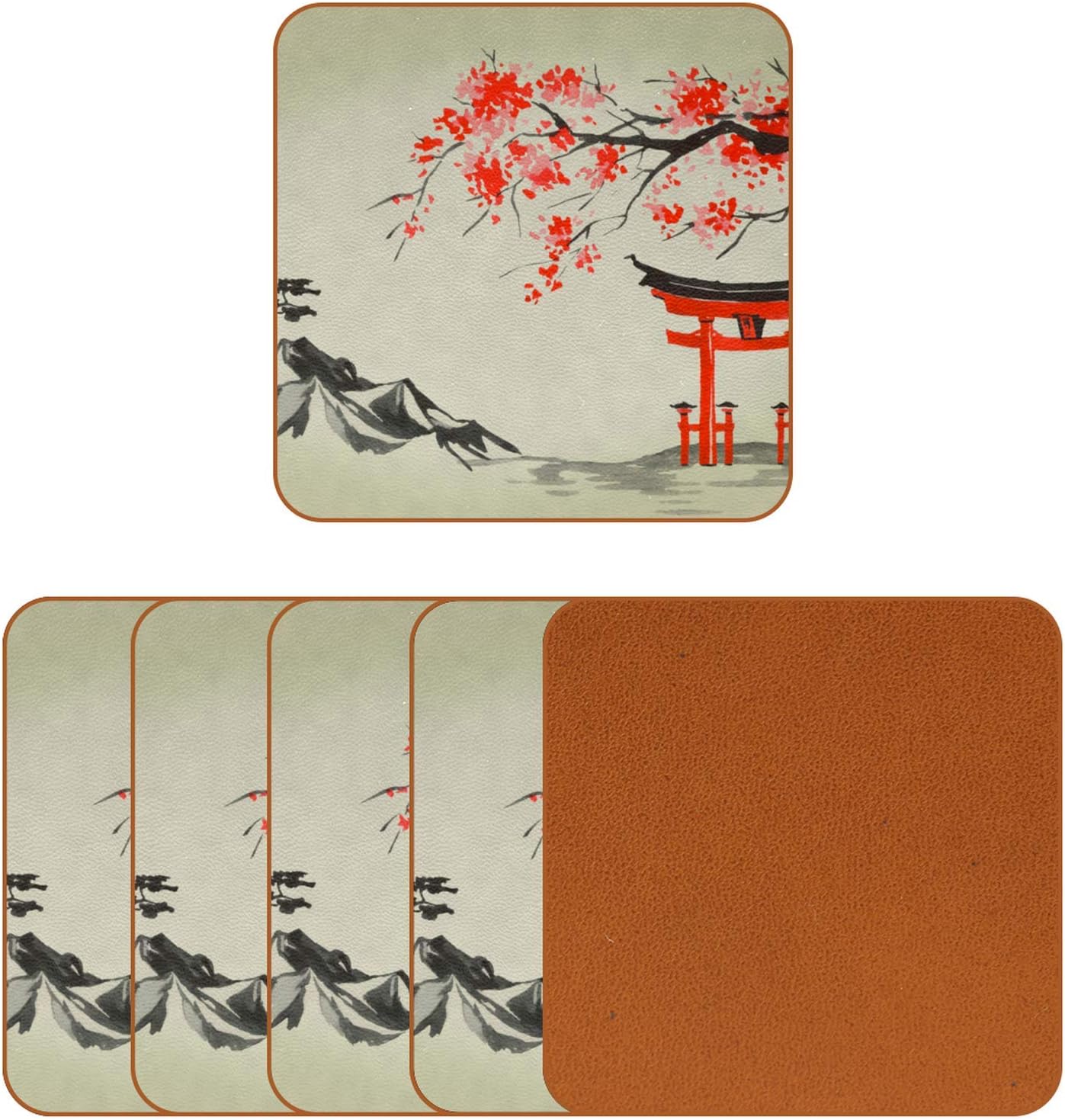 Juego de 6 posavasos de estilo japonés para bebidas, estilo retro, estilo japonés, alfombrilla cuadrada de cuero para proteger muebles, resistente
