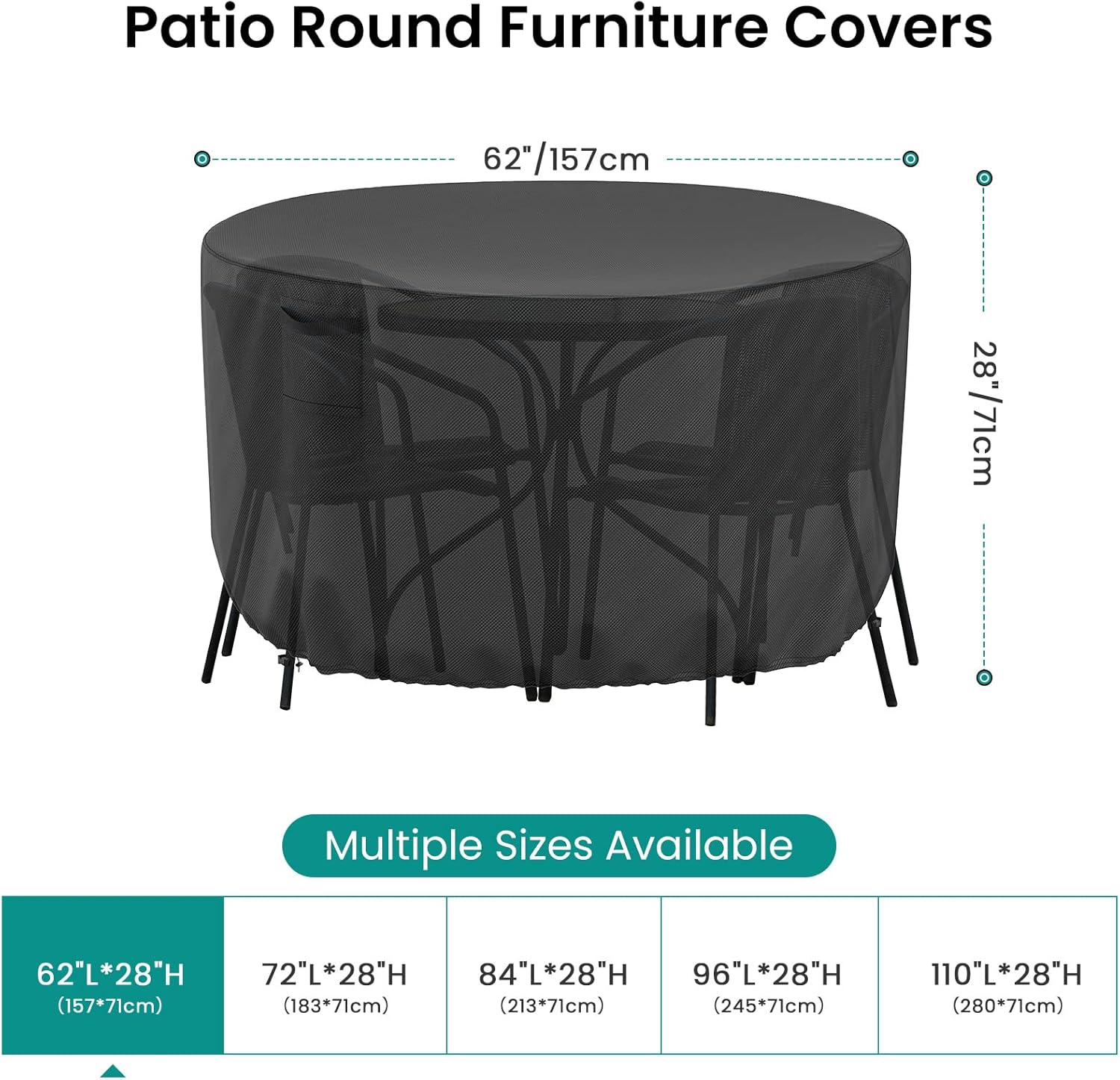 Funda redonda para mesa de exterior, 600D impermeable, resistente al desgarro, funda para muebles de patio y sillas, funda para muebles de exterior,