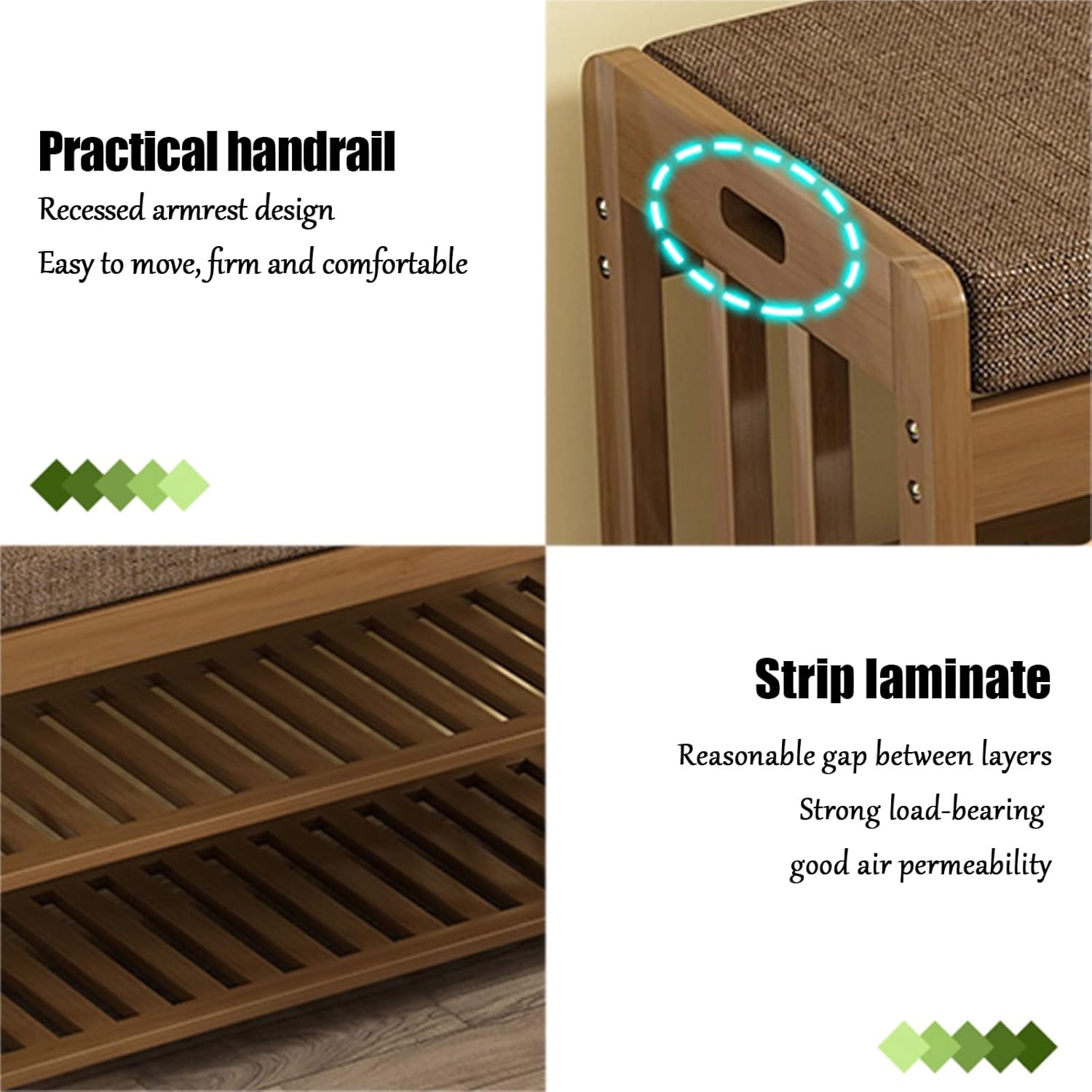 ZZenSmot Moderno bambú con cojín tapizado, zapatero para almacenamiento de zapatos, taburete para sala de estar, dormitorio, entrada, pasillo,