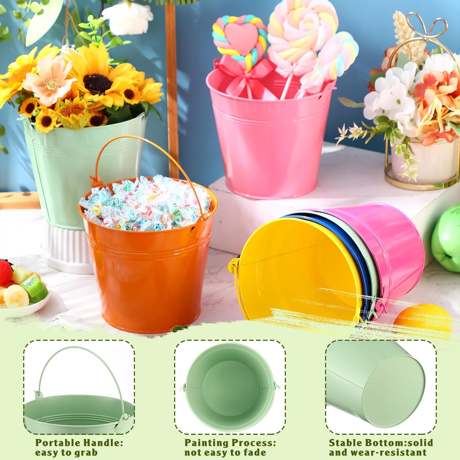 Paquete de 24 cubos de metal de colores con asa, cubos pequeños galvanizados de metal para niños, manualidades, recuerdos de fiesta, centros de