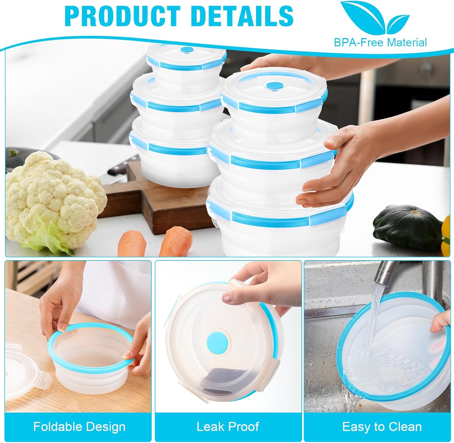 Juego de 12 recipientes plegables de silicona para almacenamiento de alimentos, contenedor plegable de silicona redondo para almacenamiento de