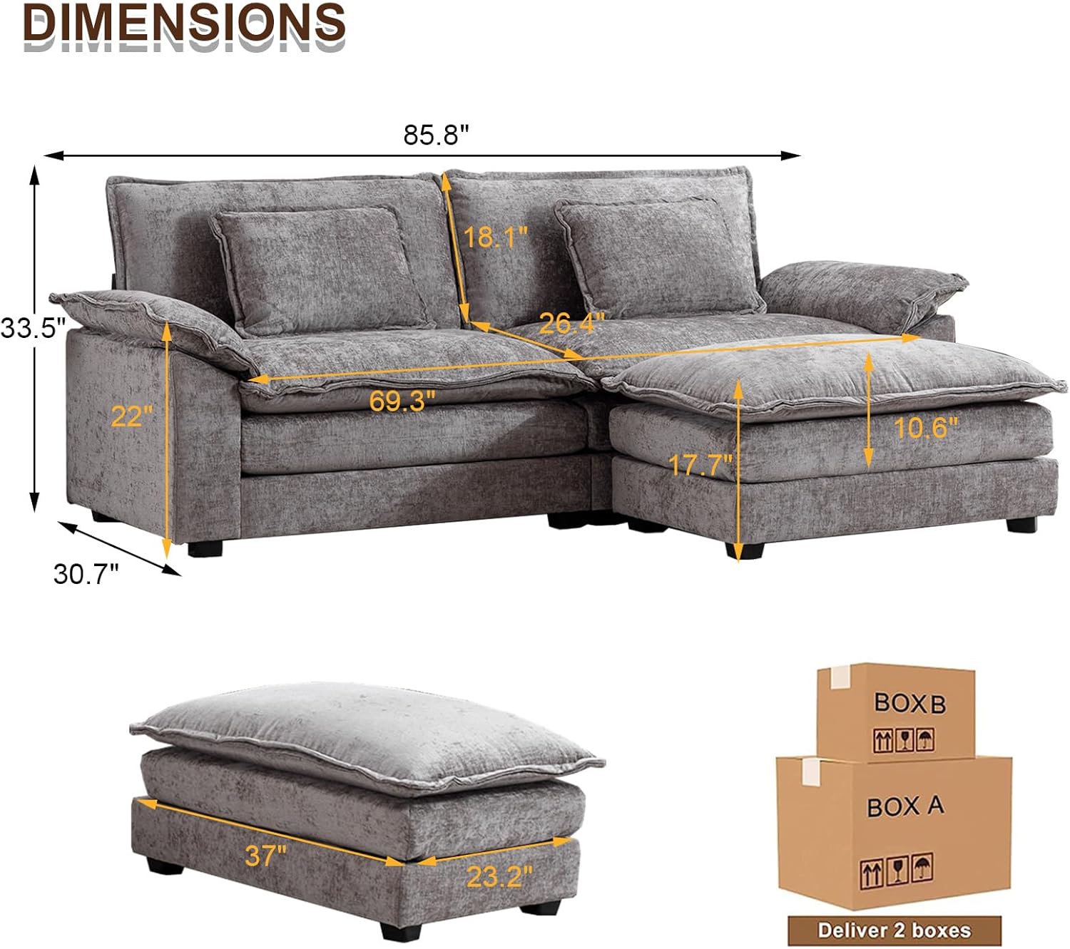Cómodo sofá modular de felpilla de 85.4 pulgadas, cómodo sofá modular en forma de L para sala de estar, dormitorio, apartamento, oficina (gris claro)