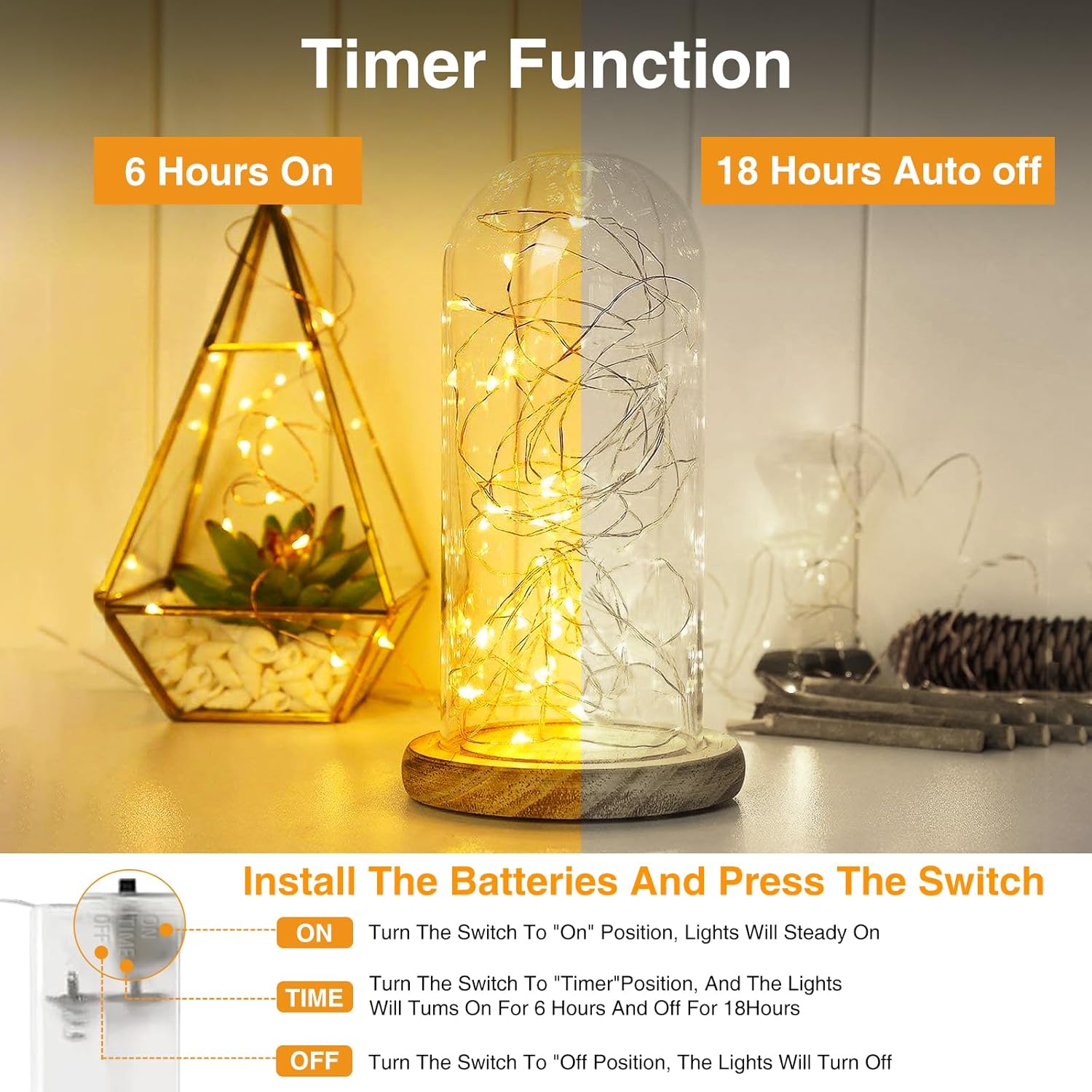 Paquete de 10 guirnalda de luces que funcionan con pilas, con temporizador, tira de 20 luces LED de 7 pies, impermeable, alambre plateado, funciona