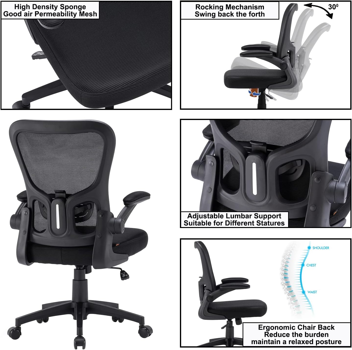 Furniliving Silla de oficina ergonómica de malla, silla de oficina en casa, silla de trabajo con respaldo medio con soporte lumbar, función de