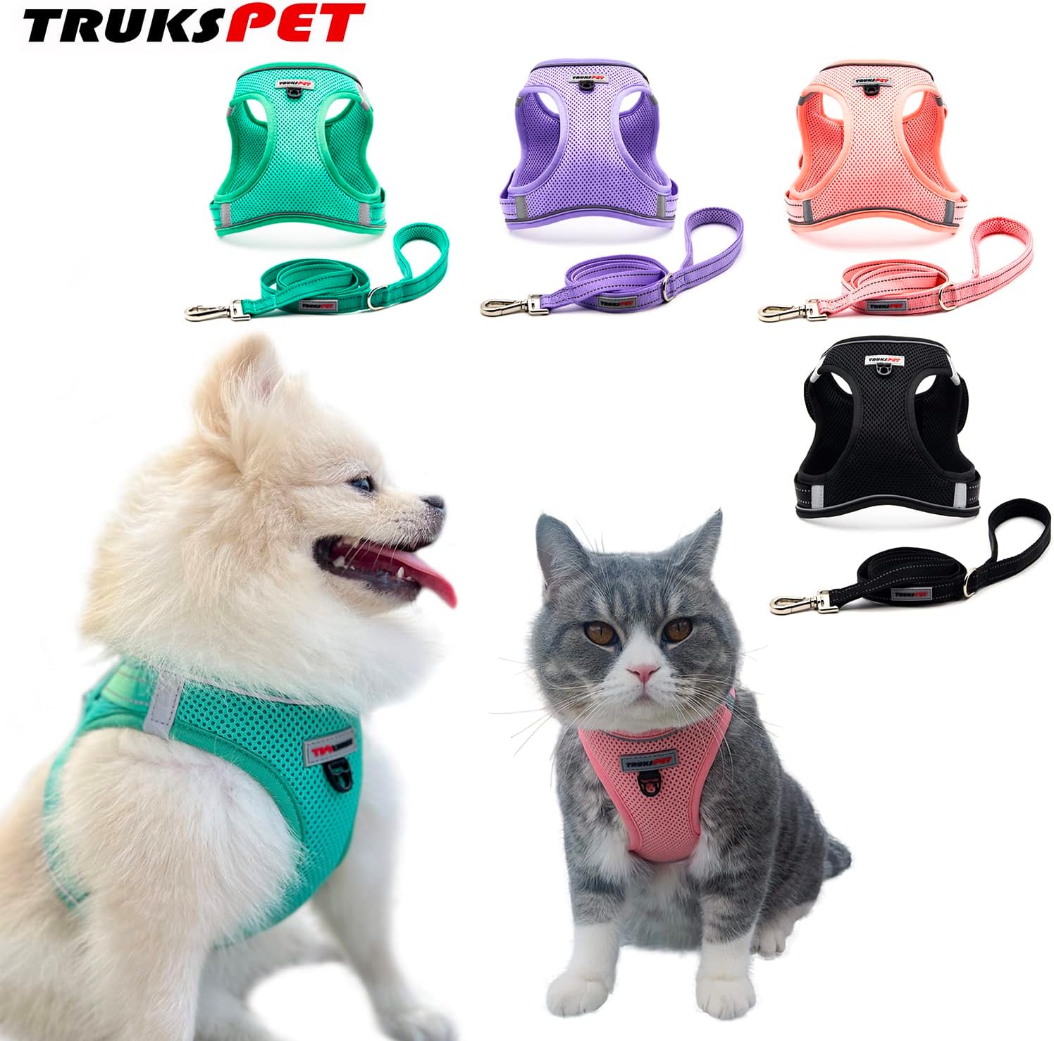 Juego de arnés y correa para perro, arnés sin tirones para perro, ajustable y reflectante de tela de malla acolchada, chaleco para perros y gatos