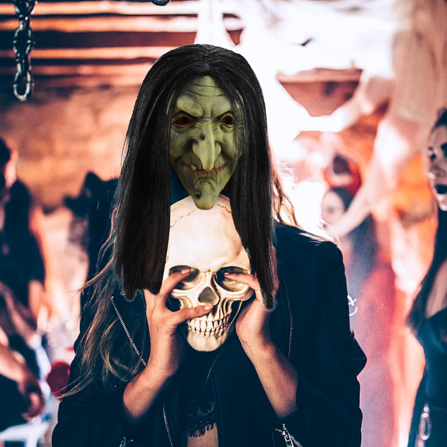 TXGMNA Máscara de bruja de anciana, máscara de disfraz de Halloween con cabello y sombrero, espeluznante fiesta de miedo, accesorio de cosplay para
